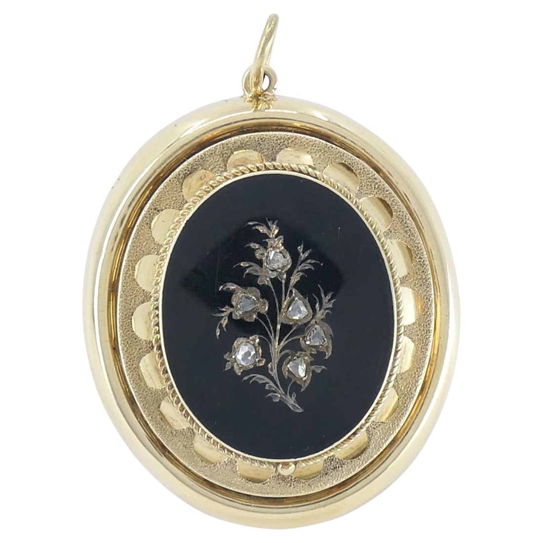 Late Victorian 14k Yellow Gold Enamel Diamond Floral Pendant: Late Victorian 14k Yellow Gold Enamel Diamond Floral Pendant A Victorian-era pendant in 14k yellow gold with enamel and rose cut diamonds. The front features a black enamel ground accented with a deli