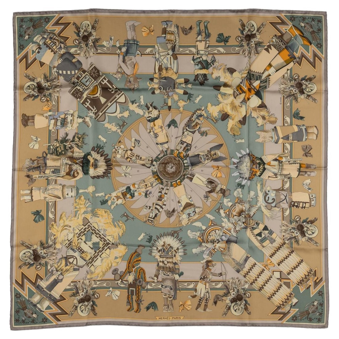 Hermes Kachinas silk twill scarf beige green with box: Hermes Kachinas silk twill scarf beige green with box Hermes "Kachinas" silk twill scarf in a beige and green color combination, designed by artist Kermit Oliver. Features hand-rolled edges and includ