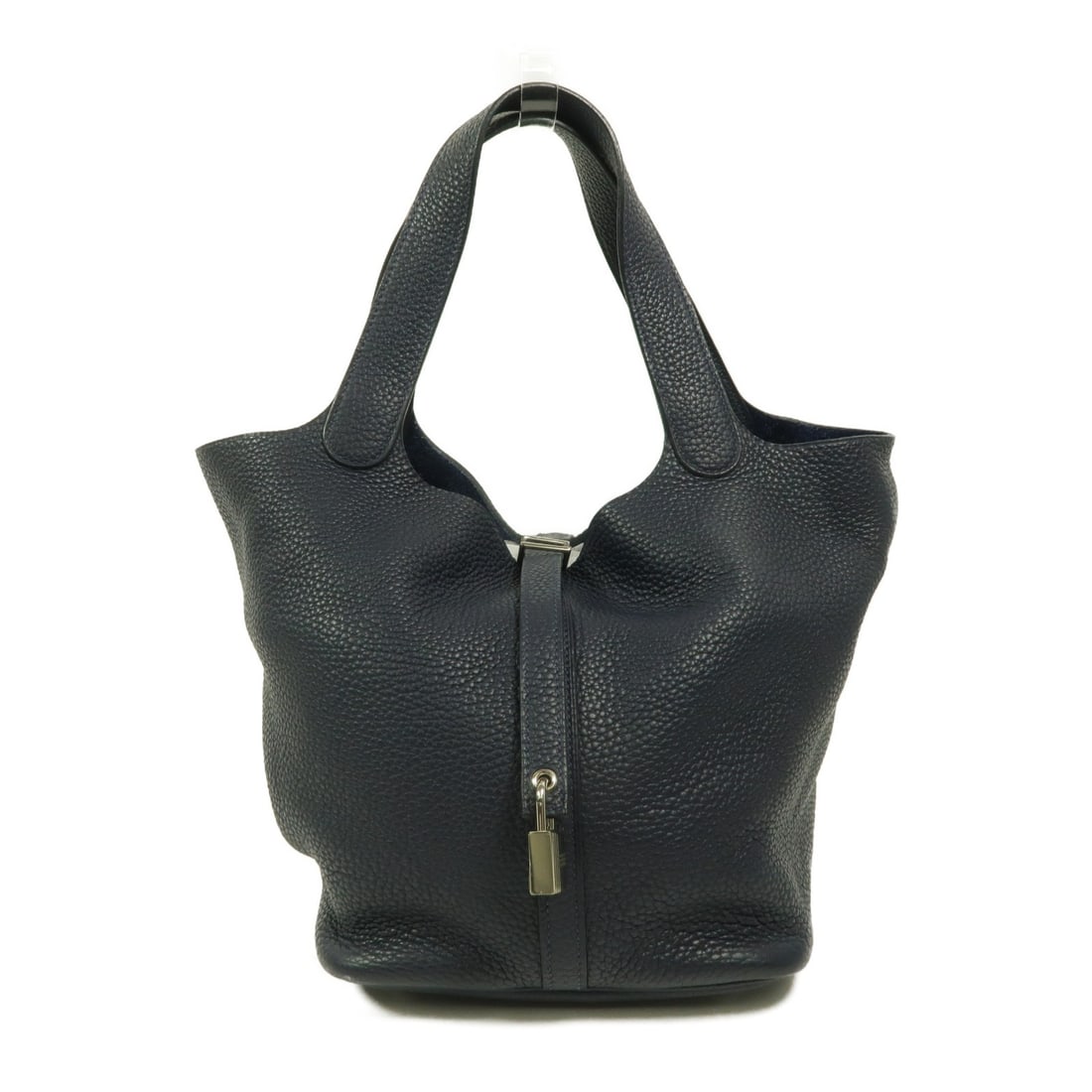 Hermes Picotin MM Taurillon Clemence Bleu Nuit Handbag PHW: Hermes Picotin MM Taurillon Clemence Bleu Nuit Handbag PHW Hermes Picotin MM handbag in Bleu Nuit Taurillon Clemence leather with palladium-tone hardware. Made in France, this women's handbag includes
