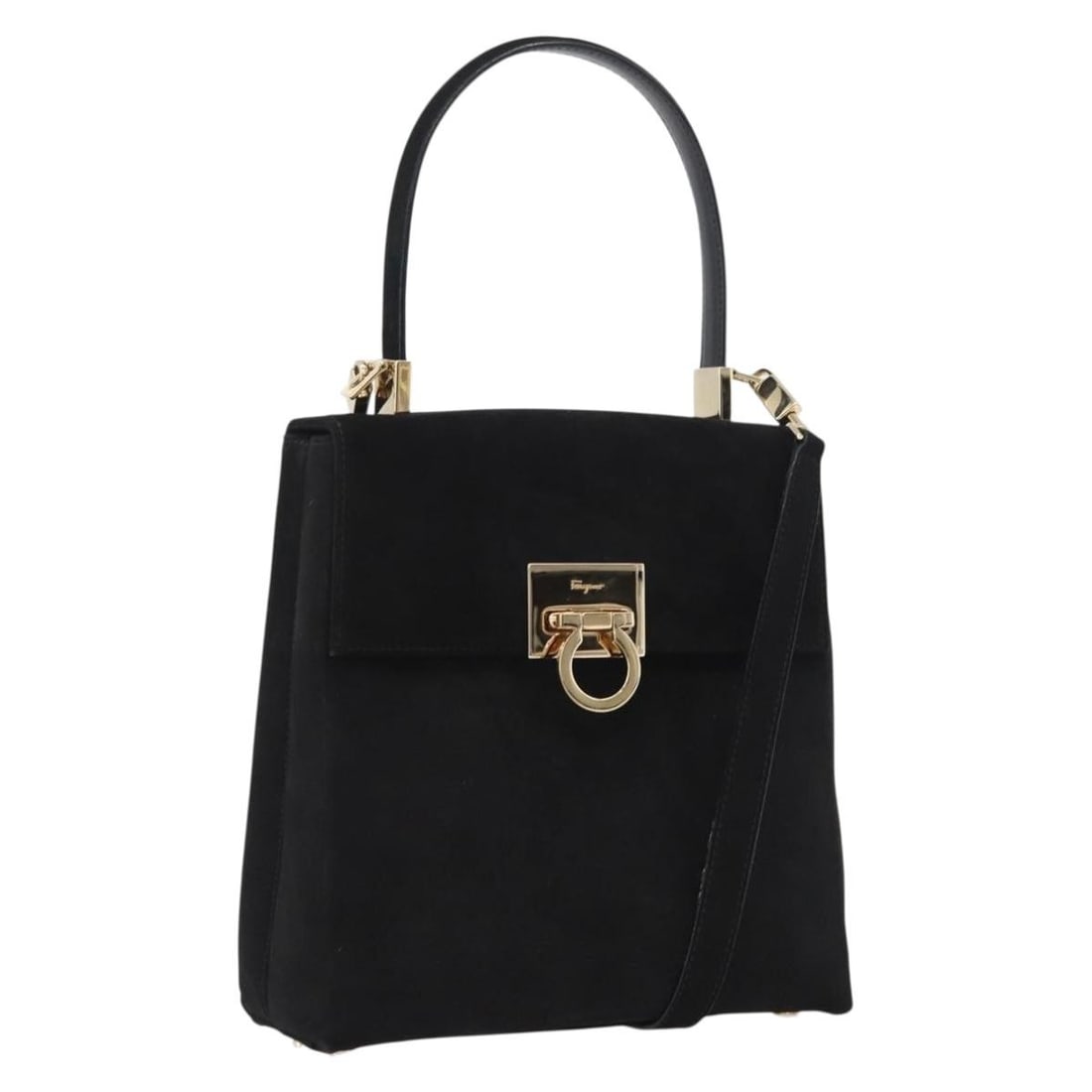 Salvatore Ferragamo Gancini 2way suede handbag with strap black gold: Salvatore Ferragamo Gancini 2way suede handbag with strap black gold Salvatore Ferragamo Gancini 2-way handbag in black suede with gold-tone accents. Made in Italy, this women's bag includes a shoulde
