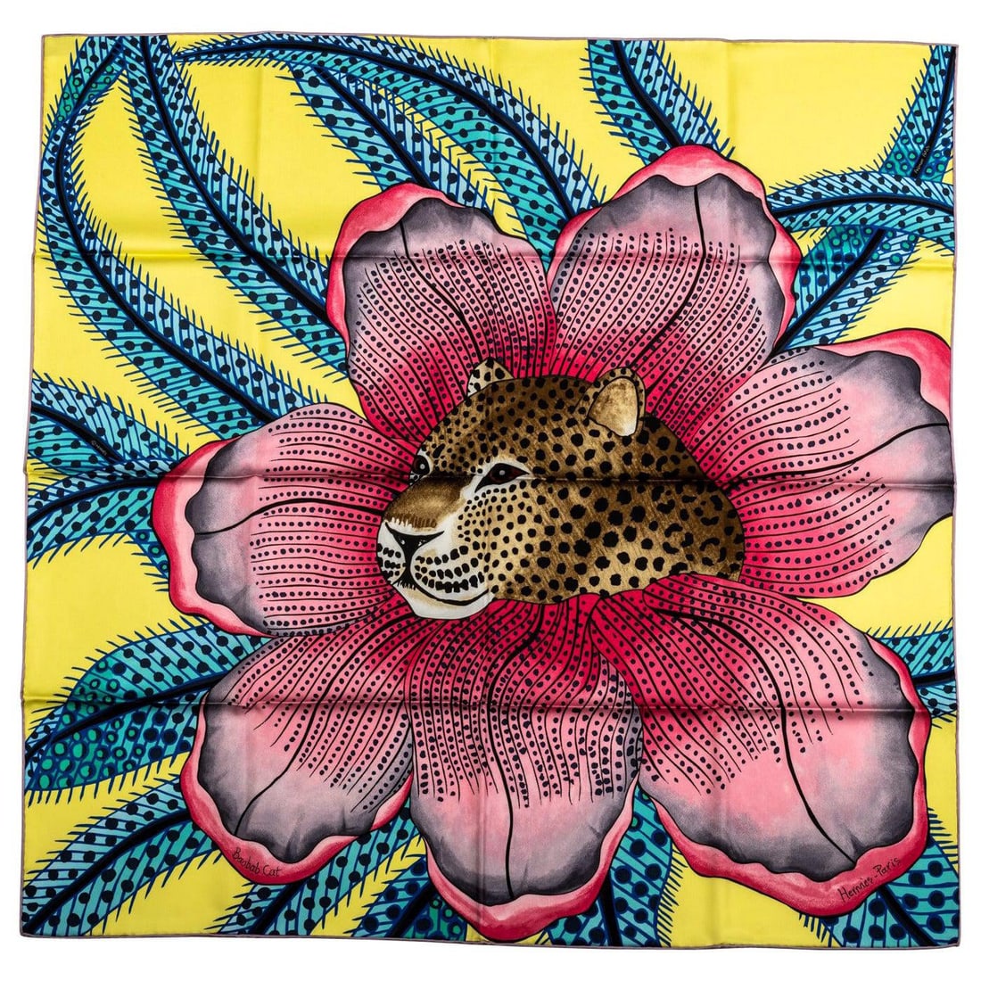 Hermes Jaguar Print Yellow Pink Silk Scarf 35 in New with Tags: Hermes Jaguar Print Yellow Pink Silk Scarf 35 in New with Tags This exquisite scarf by Hermes features a vibrant yellow and pink jaguar print, showcasing the brand's signature style. Measuring 35 in x