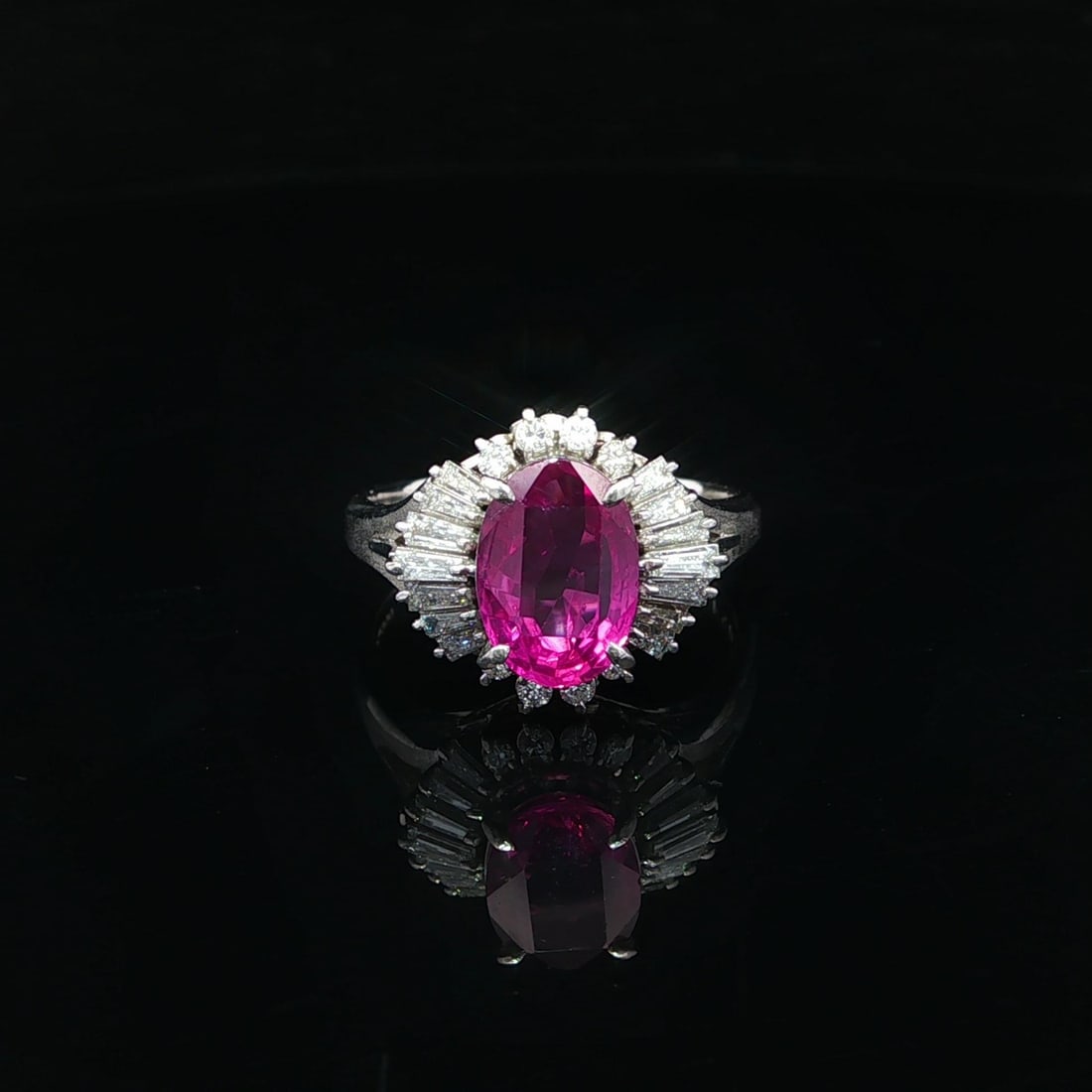 Platinum 3.32ctw GIA Certified Ceylon Pink Sapphire Diamond Cocktail Ring: Platinum 3.32ctw GIA Certified Ceylon Pink Sapphire Diamond Cocktail Ring This exquisite ballerina ring features a stunning natural Ceylon sapphire, weighing 2.78 carats, showcasing a vivid purple pin