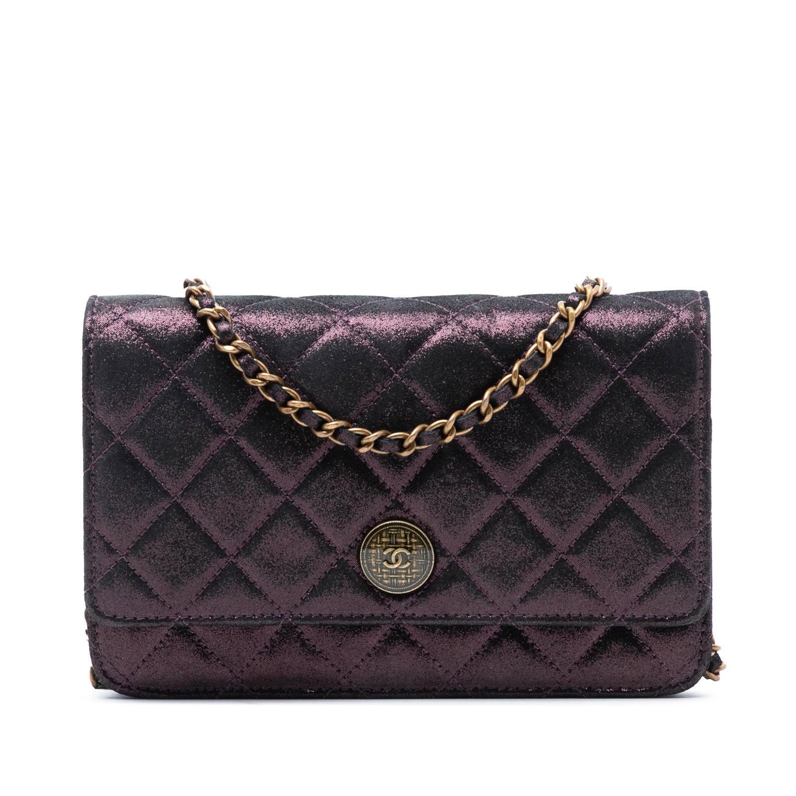 Chanel Iridescent Quilted Lambskin Tartan Wallet on Chain with Gold Chain Strap: Chanel Iridescent Quilted Lambskin Tartan Wallet on Chain with Gold Chain Strap This Chanel Wallet On Chain is crafted from quilted iridescent lambskin leather in a purple hue. It features a gold-tone