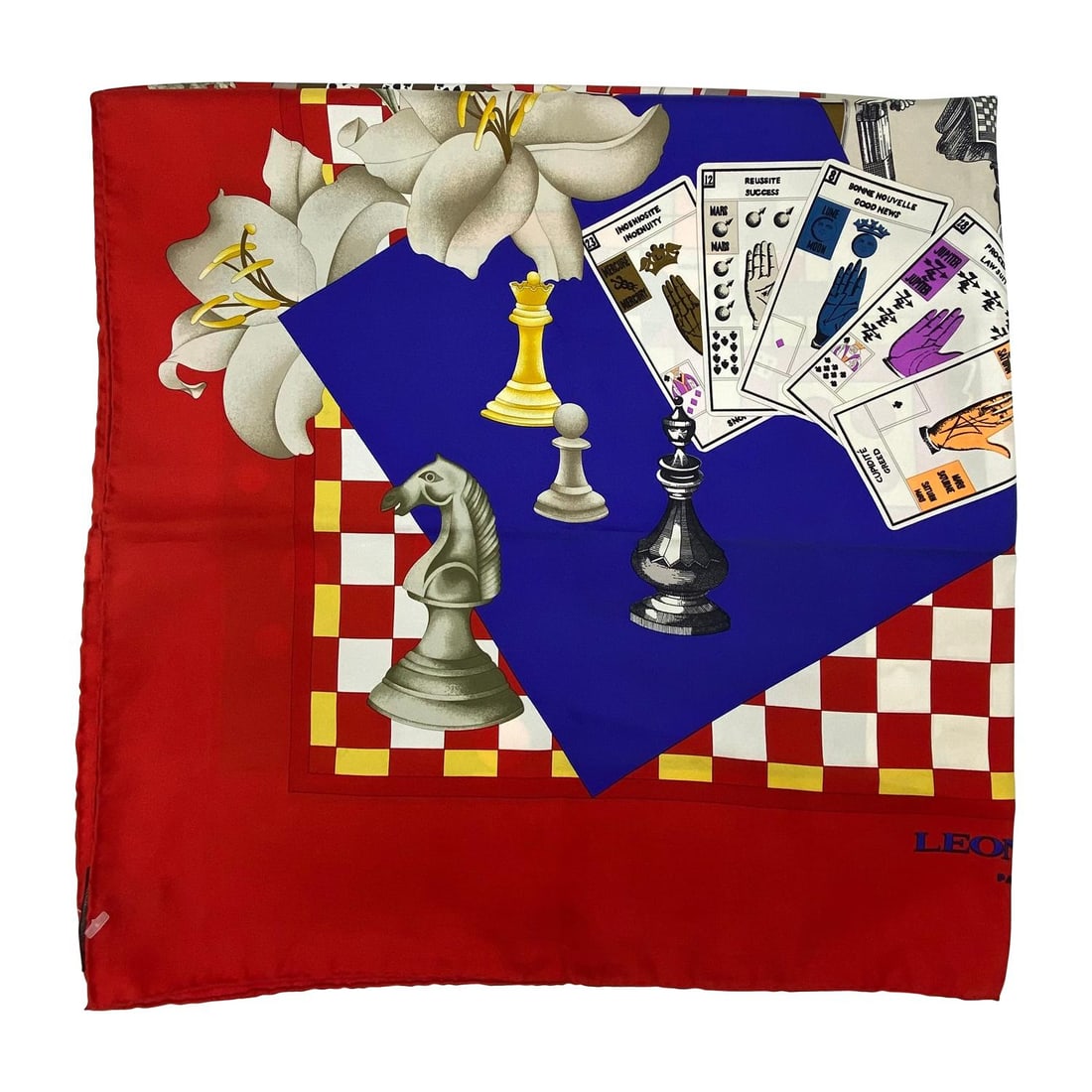 Leonard of Paris Silk Scarf Gambling Games Print France: Leonard of Paris Silk Scarf Gambling Games Print France Vintage Leonard of Paris silk game scarf featuring a gambling games print in red, navy, and multicolored tones. Made in France, this late 20th c