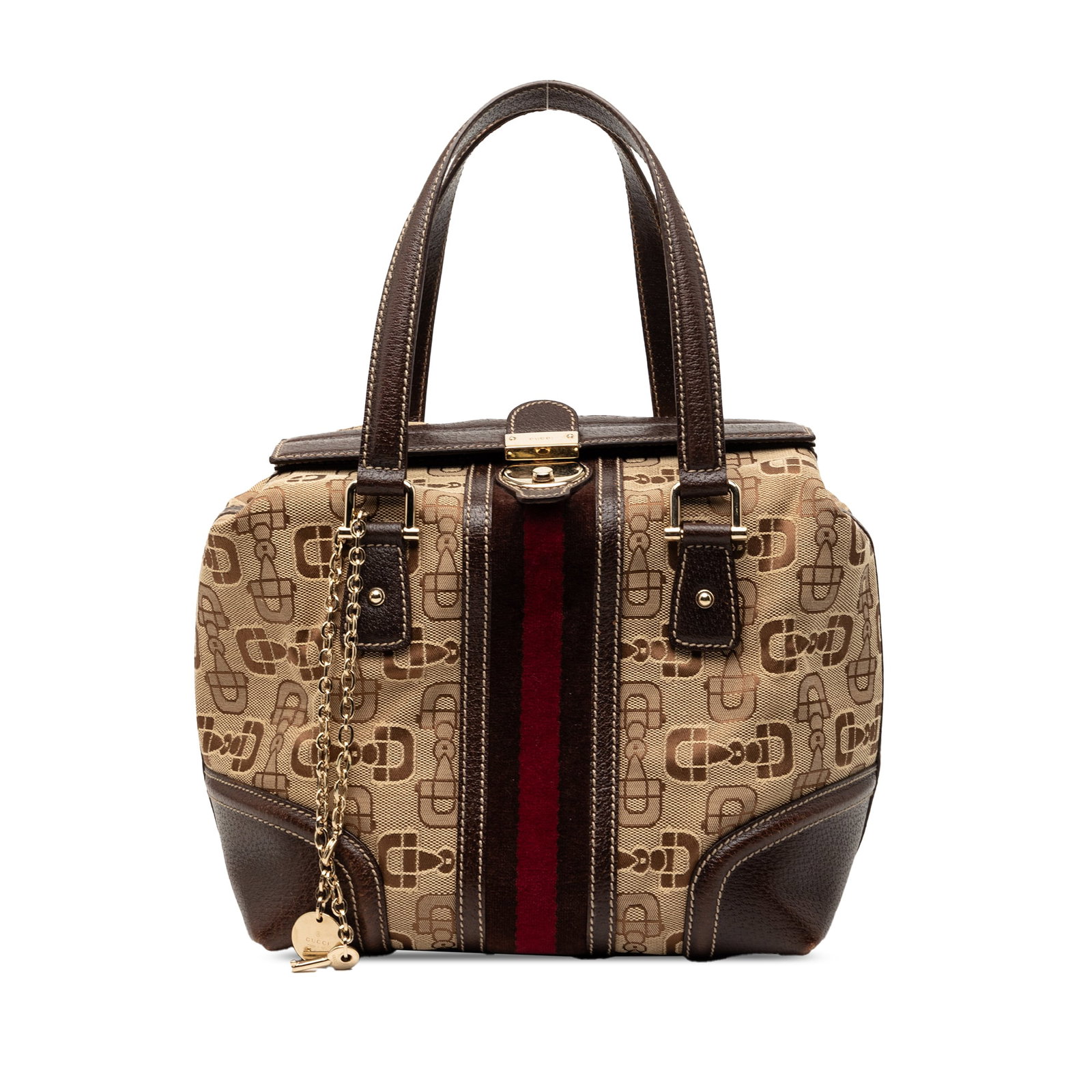 Gucci Horsebit Treasure canvas web handbag: Gucci Horsebit Treasure canvas web handbag This Gucci Horsebit Canvas Web Treasure Handbag features a beige canvas body with distinctive leather trim and web detailing. It is designed with flat leathe