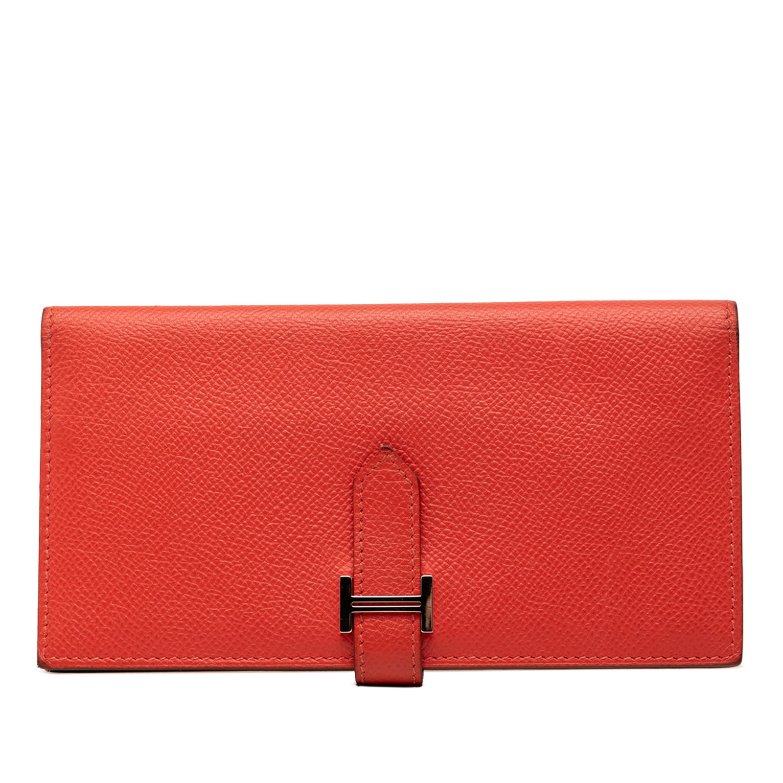 Hermes Bearn long wallet in Rouge Pivoine Epsom leather: Hermes Bearn long wallet in Rouge Pivoine Epsom leather Hermes Bearn long wallet crafted in Rouge Pivoine Epsom leather with a flat leather strap and pull-through closure. The interior includes zip an