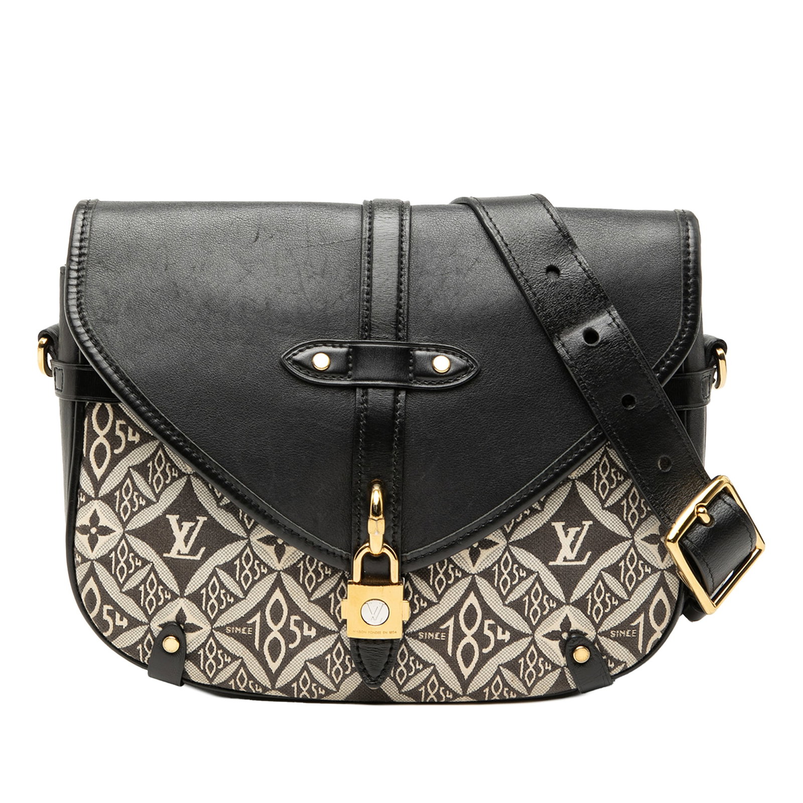 Louis Vuitton Neo Saumur MM Black Canvas Shoulder Bag with Leather Trim: Louis Vuitton Neo Saumur MM Black Canvas Shoulder Bag with Leather Trim The Louis Vuitton Since 1854 Neo Saumur MM is crafted with a canvas body featuring leather trim and an adjustable flat leather s
