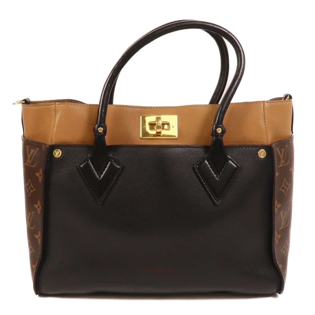 Louis Vuitton On My Side MM Monogram Calfskin Handbag M53823: Louis Vuitton On My Side MM Monogram Calfskin Handbag M53823 Louis Vuitton On My Side MM handbag, model M53823, in Monogram, PVC coated canvas, and calfskin (cowhide). It features a brown exterior wit