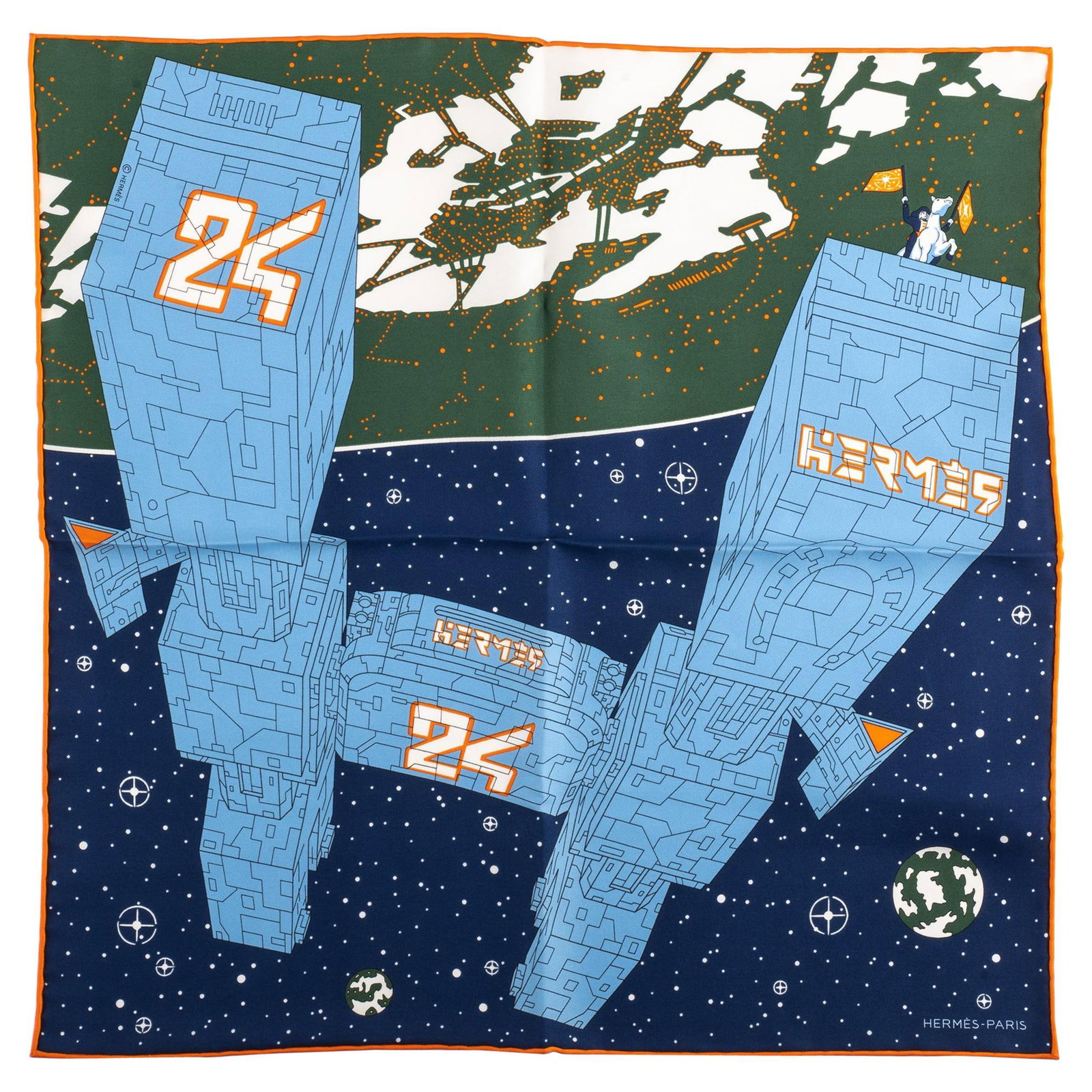 Hermes Small Silk Spaceship Gavroche Scarf Limited Edition New: Hermes Small Silk Spaceship Gavroche Scarf Limited Edition New Introducing the Hermes Small Silk Spaceship Gavroche Scarf, a stunning piece crafted from luxurious silk in a vibrant palette of blue, gr