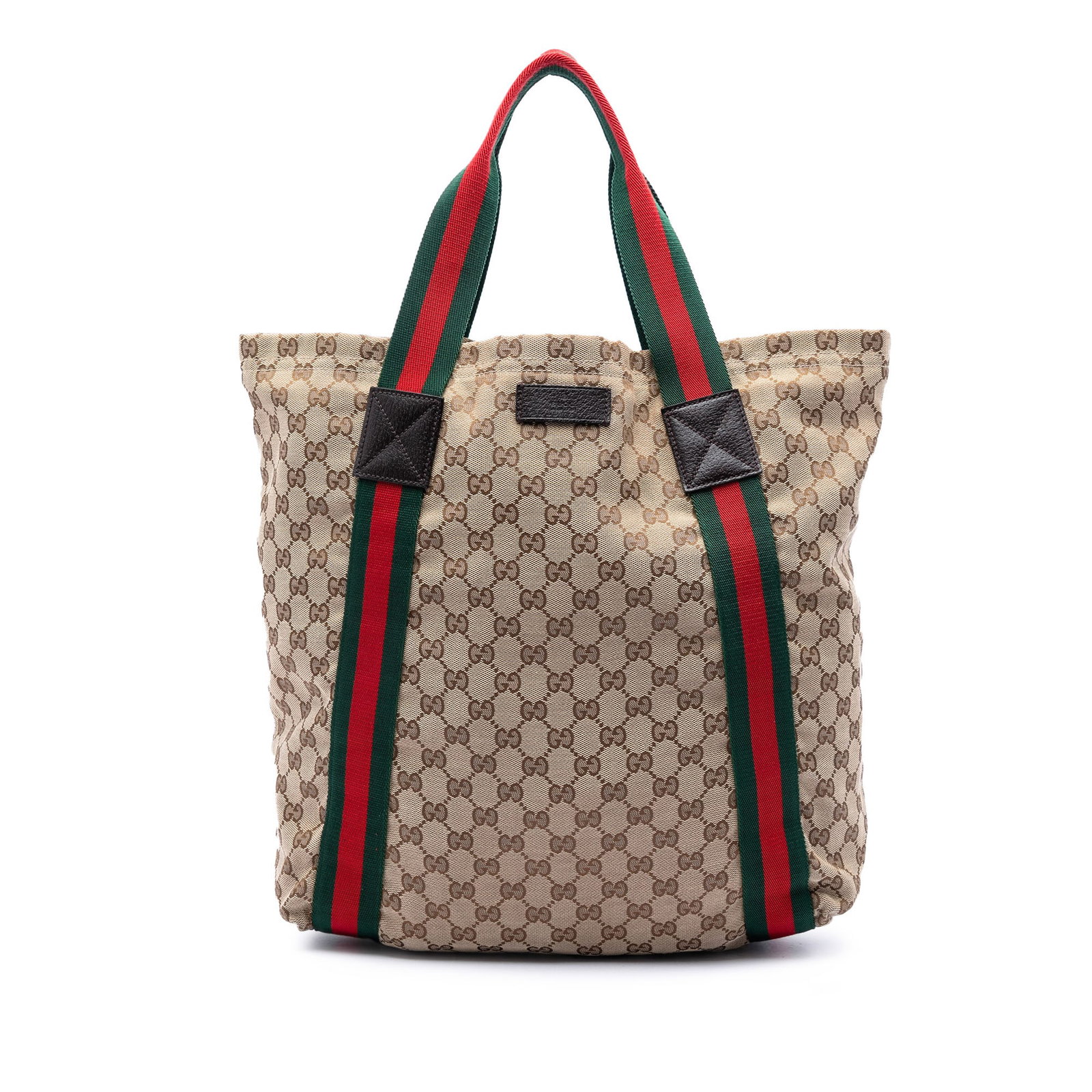 Gucci GG Canvas Tote Bag with Web Straps Beige: Gucci GG Canvas Tote Bag with Web Straps Beige Gucci GG Canvas Web Tote in beige fabric with flat canvas web straps, an open top, and interior slip pockets. Made in Italy. Condition B+ with visible we