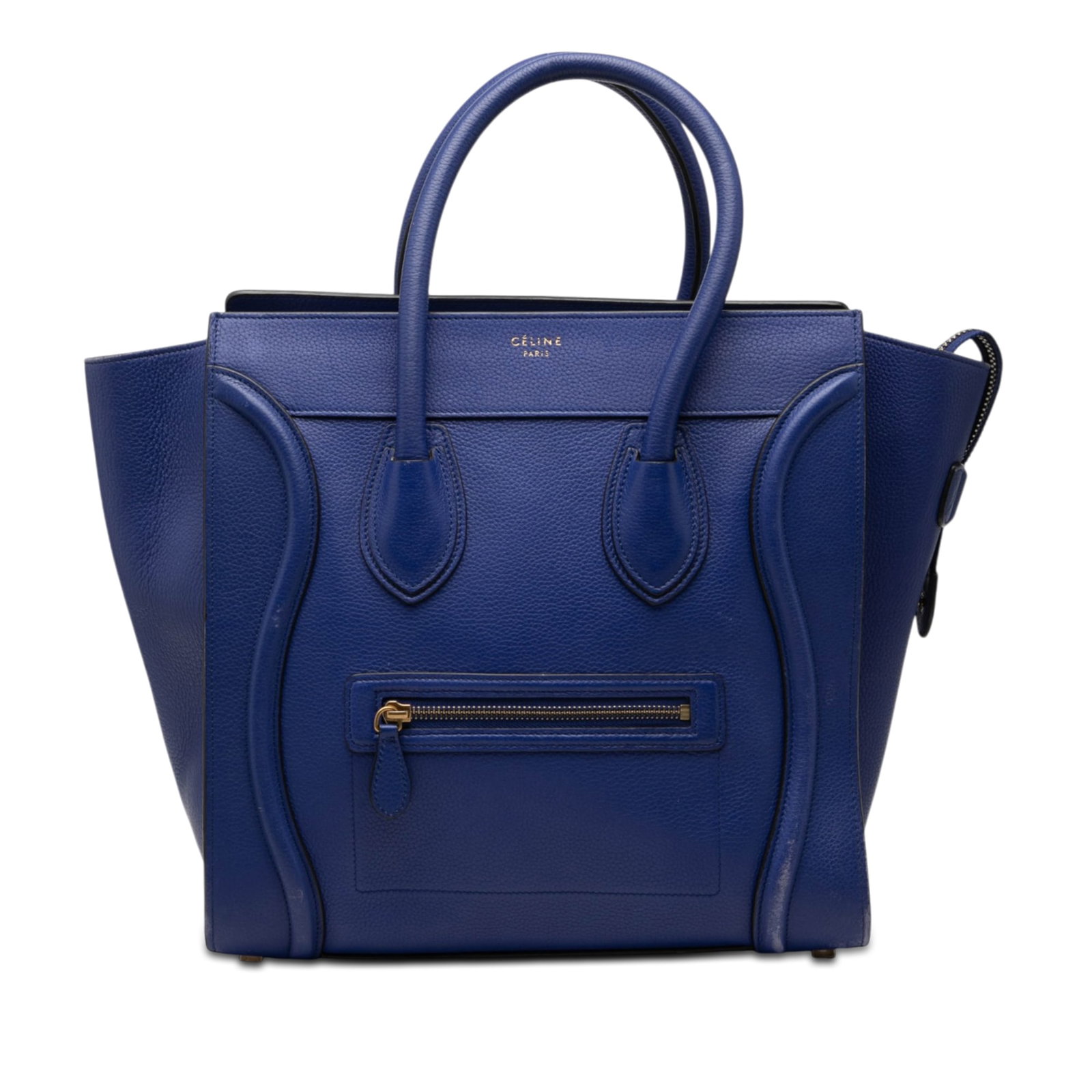 Celine Mini Luggage Tote Blue Calfskin Leather Bag: Celine Mini Luggage Tote Blue Calfskin Leather Bag Celine Mini Calfskin Luggage Tote in blue leather, made in Italy. It features rolled leather handles, a top zip closure, an exterior front zip pocket