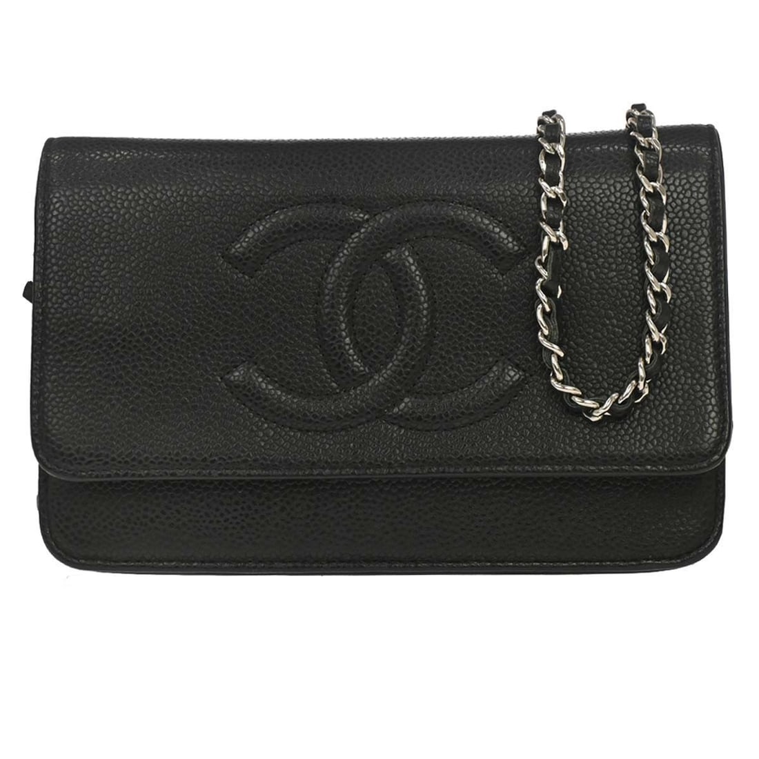 CHANEL Timeless WOC black caviar leather chain wallet bag: CHANEL Timeless WOC black caviar leather chain wallet bag Chanel Timeless WOC Wallet on Chain Shoulder Bag in black caviar skin leather. This folding wallet features a chain shoulder strap and multipl