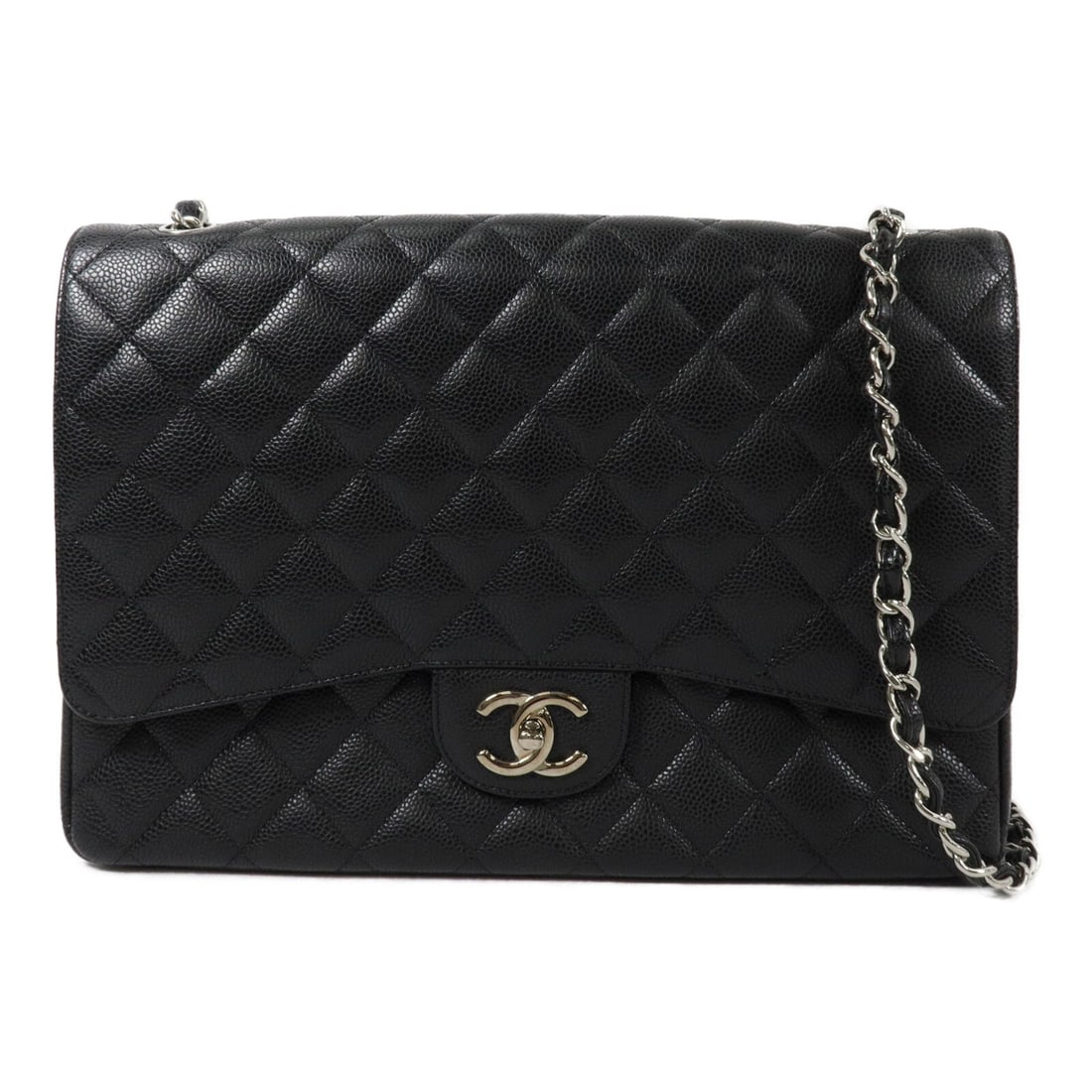 CHANEL A58601 Maxi Classic Shoulder Bag Black Calfskin SHW: CHANEL A58601 Maxi Classic Shoulder Bag Black Calfskin SHW Maxi Classic chain shoulder bag in black calfskin leather with a CC turn-lock closure and an exterior open pocket. Includes storage bags and 