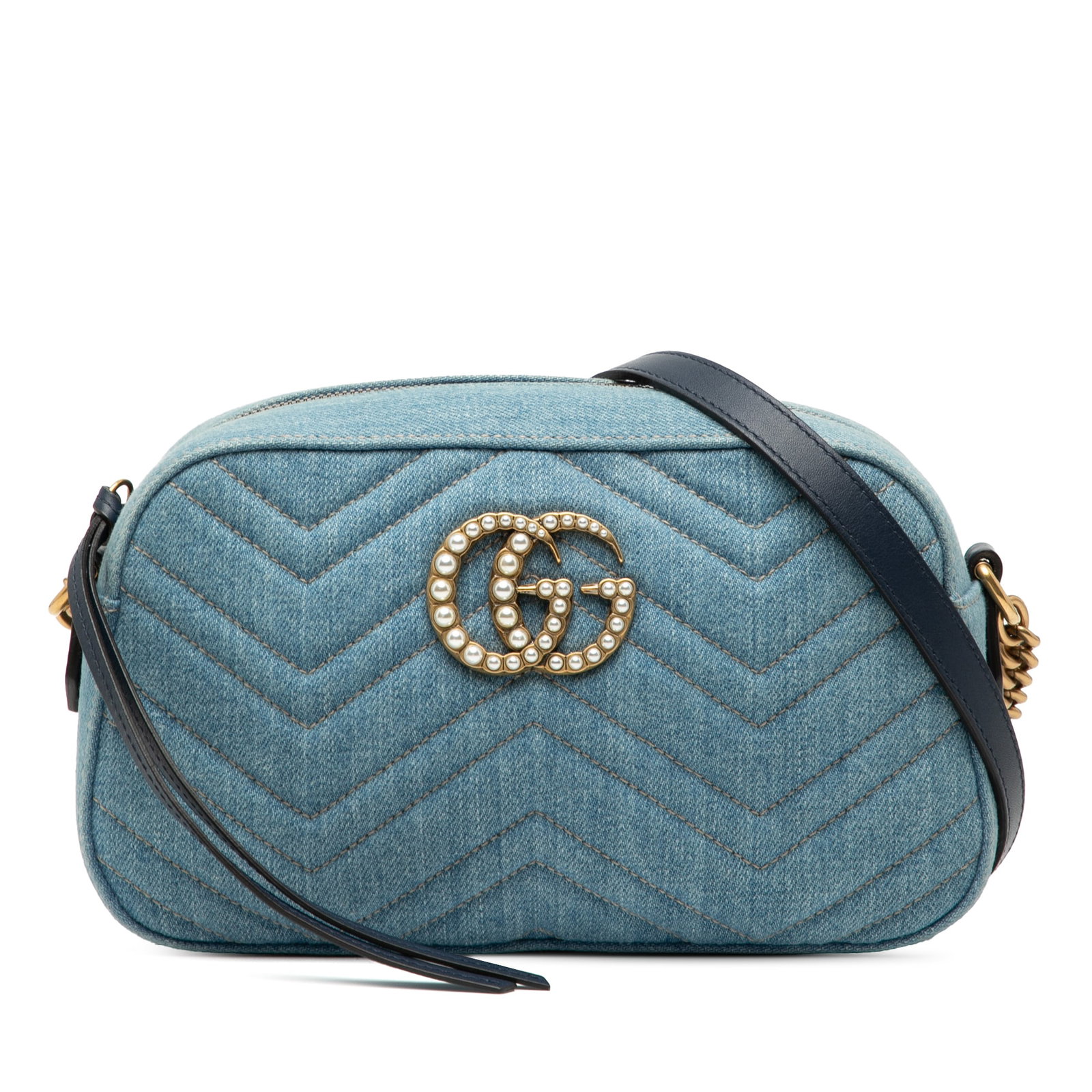 Gucci GG Marmont Small Denim Crossbody with Pearly Embellishments: Gucci GG Marmont Small Denim Crossbody with Pearly Embellishments This Gucci Small GG Marmont Matelasse Denim Pearly Crossbody bag features a blue denim body with a gold-tone chain and leather strap, 