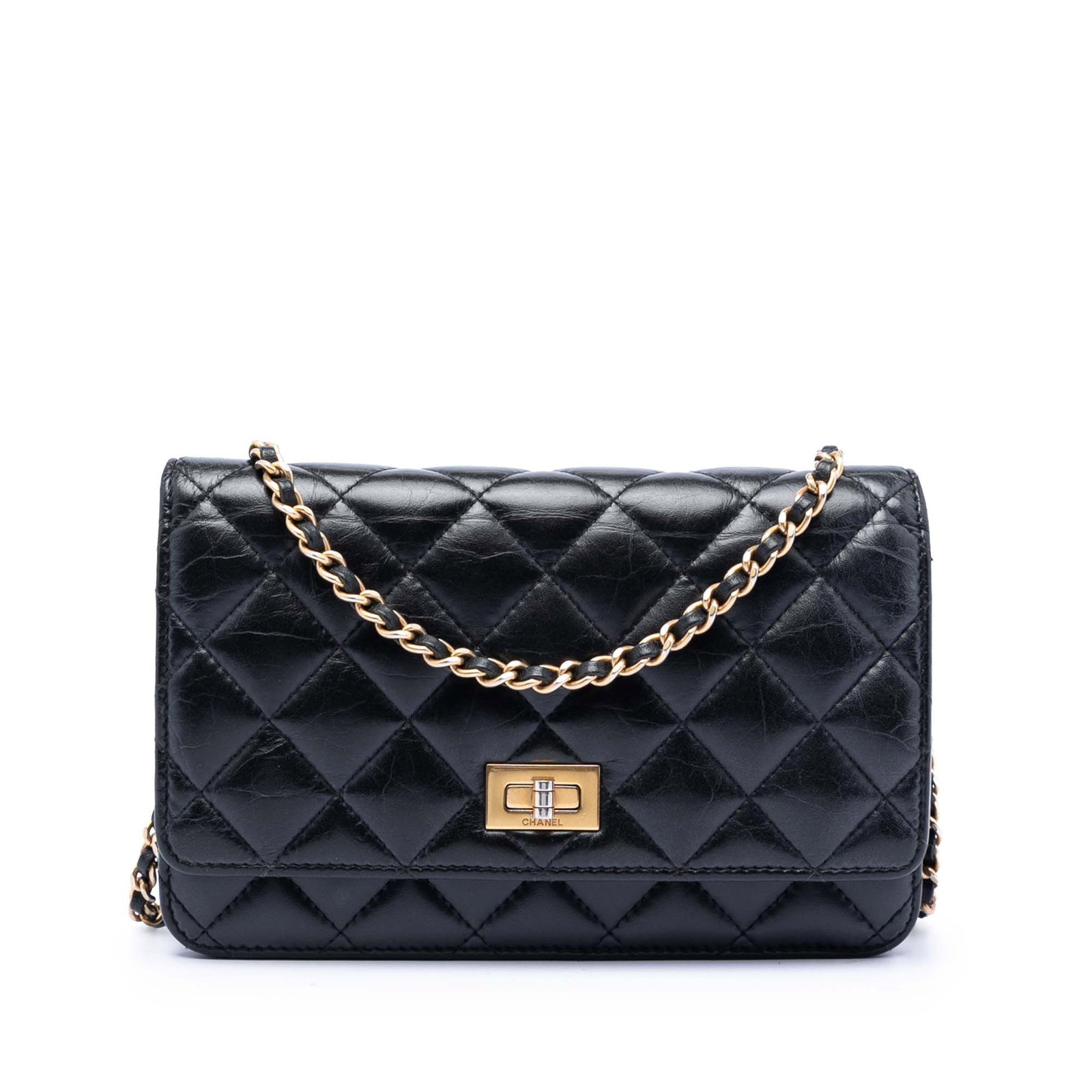 Chanel Reissue 2.55 black quilted calfskin wallet on chain: Chanel Reissue 2.55 black quilted calfskin wallet on chain This Chanel Quilted Aged Calfskin Reissue 2.55 Wallet on Chain is crafted from quilted aged calfskin leather in black and features a leather-