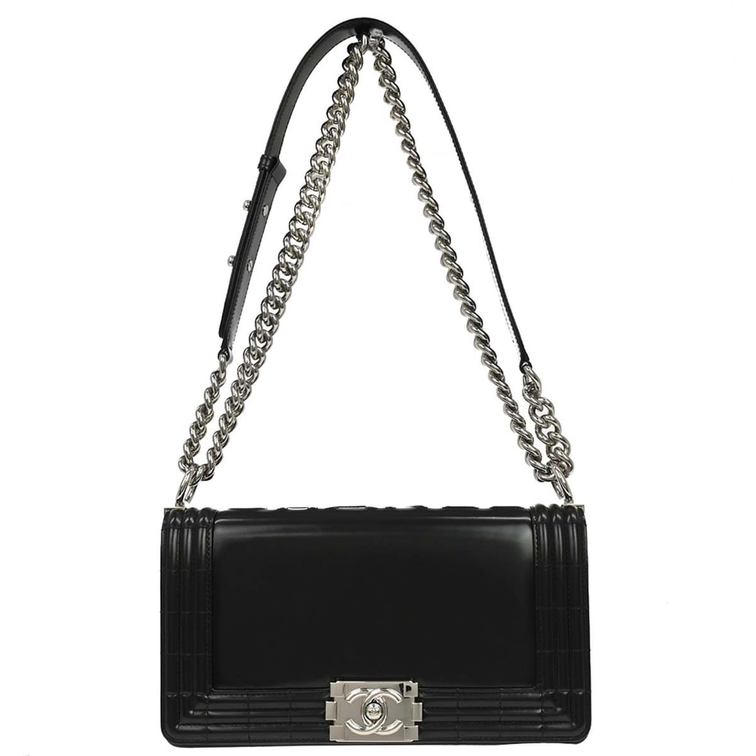 CHANEL Boy Medium Patent Leather Shoulder Bag Black Chain Strap: CHANEL Boy Medium Patent Leather Shoulder Bag Black Chain Strap Chanel Boy Medium shoulder bag in black patent leather with a push-lock closure, quilted accents, and a chain shoulder strap. The interi