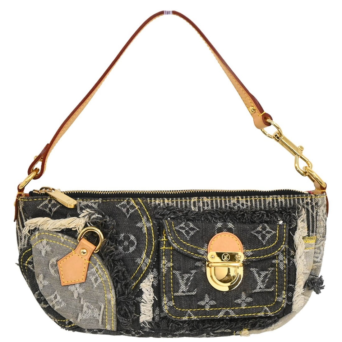 Louis Vuitton Pouchy Gray Monogram Denim Patchwork Handbag M95383: Louis Vuitton Pouchy Gray Monogram Denim Patchwork Handbag M95383 Louis Vuitton Pouchy handbag in gray Monogram Denim Patchwork with leather trim and a zip closure. This women's medium handbag feature