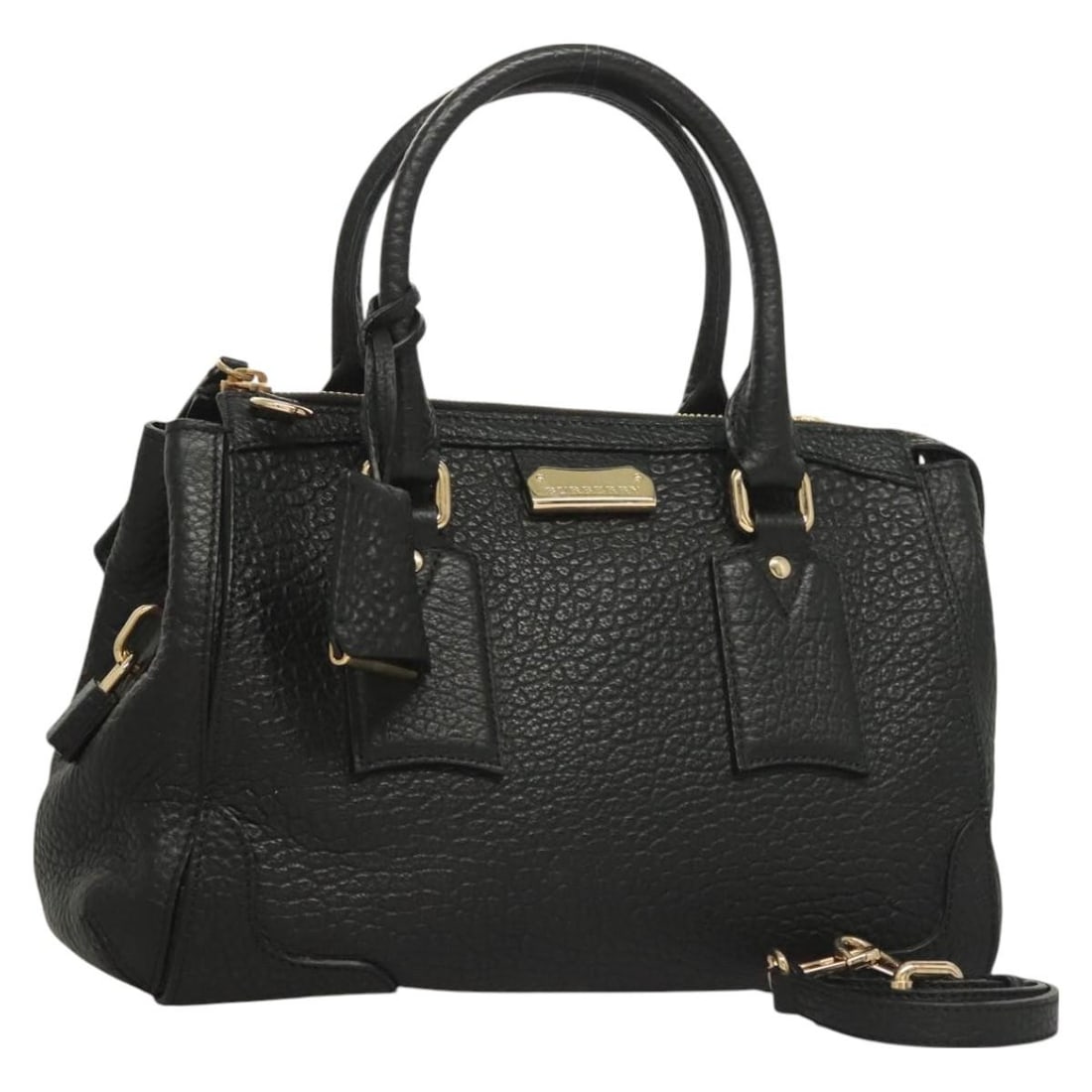 BURBERRY Black Gold Leather 2-Way Handbag with Dust Bag: BURBERRY Black Gold Leather 2-Way Handbag with Dust Bag Introducing the BURBERRY Leather Hand Bag, a perfect blend of elegance and functionality. Crafted in Romania, this stylish bag features a striki