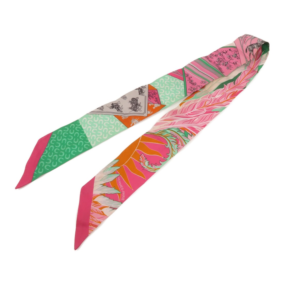 Hermes Twilly Silk Scarf Pink Green 86cm x 5cm: Hermes Twilly Silk Scarf Pink Green 86cm x 5cm Hermes Twilly scarf in silk with a pink and green colorway. The item is listed in reasonable worn condition and comes with no accessories. Specifications
