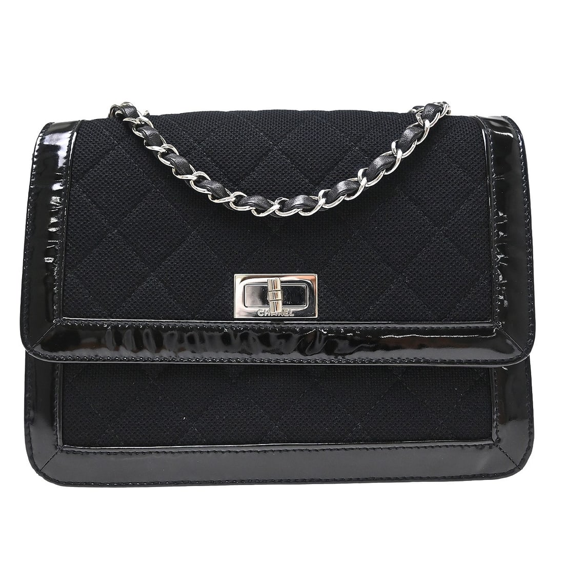 CHANEL Mademoiselle Lock Straight Flap Shoulder Bag Black Canvas Patent Leather: CHANEL Mademoiselle Lock Straight Flap Shoulder Bag Black Canvas Patent Leather A Chanel straight flap shoulder bag in black, designed for casual wear and made in France. The bag features a shoulder s