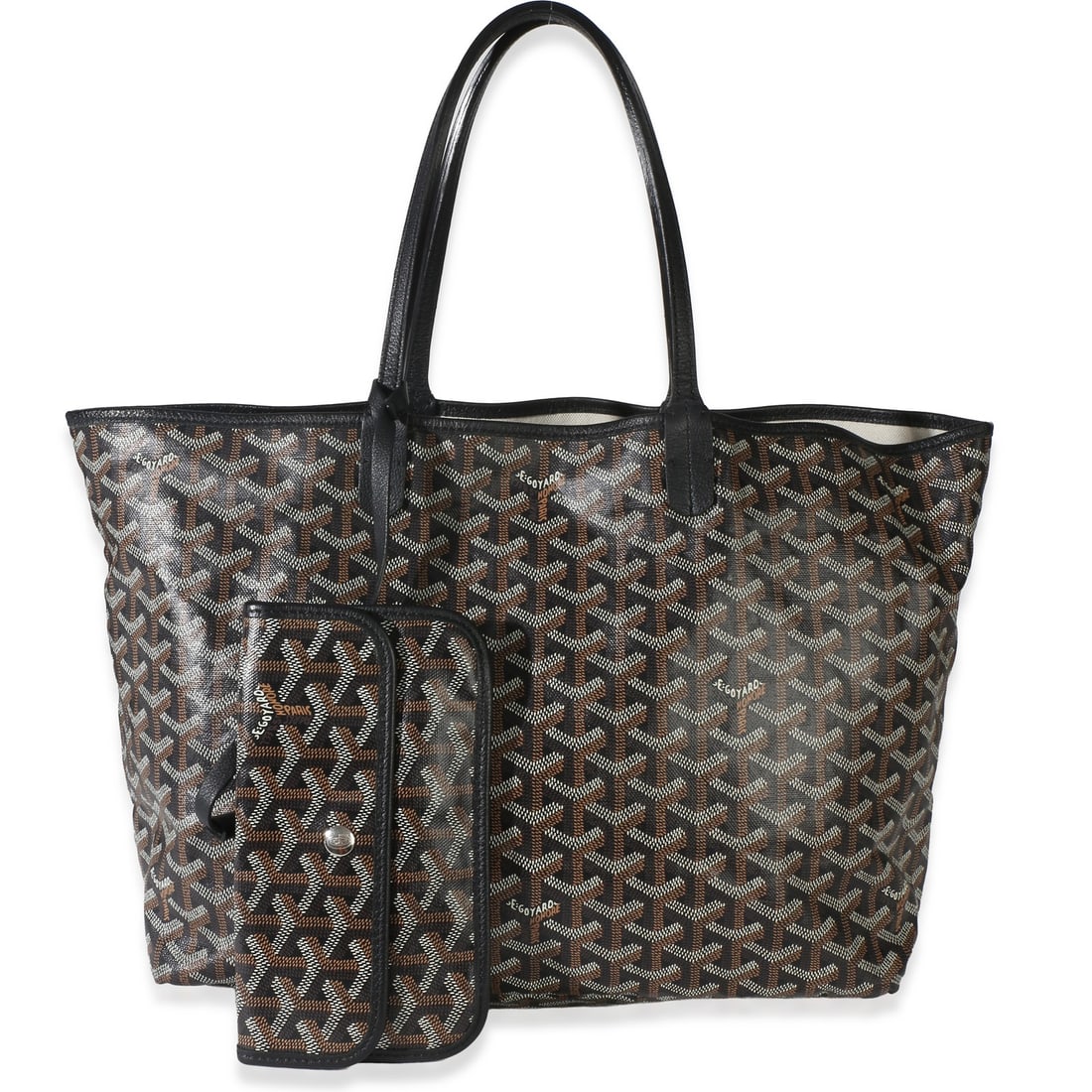 Goyard Saint Louis PM black canvas tote with dustbag pochette: Goyard Saint Louis PM black canvas tote with dustbag pochette Pre-owned Goyard Saint Louis PM tote in black Goyardine canvas with an open-top design and silver-tone hardware. This unisex bag includes 