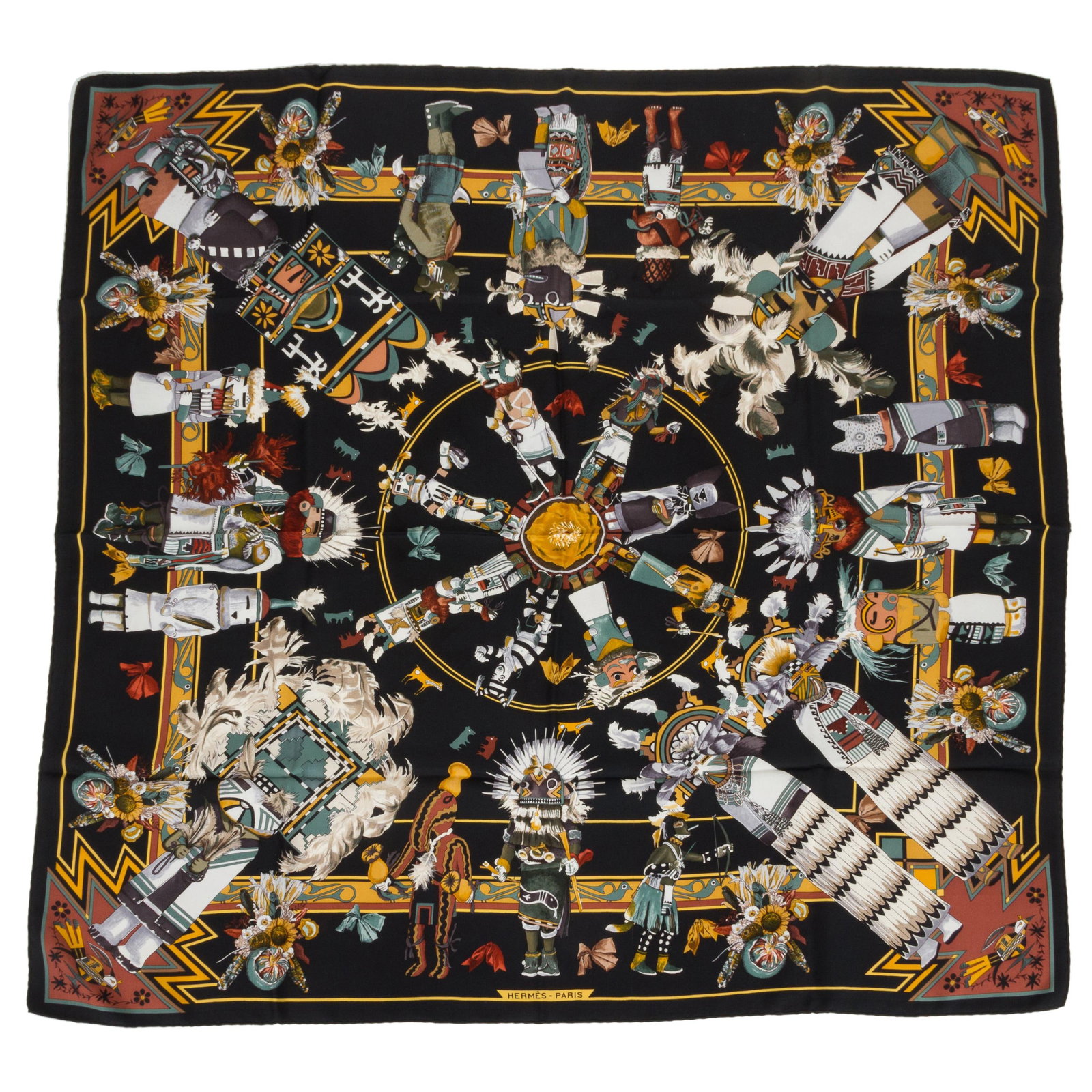 Hermes Kachinas Scarf Black Silk Twill 35 in by Kermit Oliver: Hermes Kachinas Scarf Black Silk Twill 35 in by Kermit Oliver Elevate your style with this exquisite Hermes Black Silk Kachinas Scarf, designed by renowned artist Kermit Oliver. Crafted from luxurious