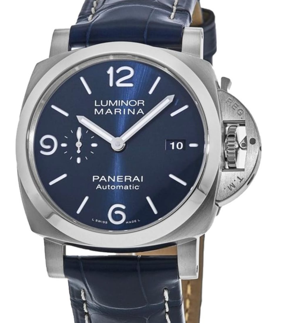 Panerai PAM01313 Luminor Marina mens watch blue dial leather strap: Panerai PAM01313 Luminor Marina mens watch blue dial leather strap Panerai Luminor Marina wristwatch featuring a blue dial and stainless steel bezel on a leather strap. Includes card dated 2021. Speci