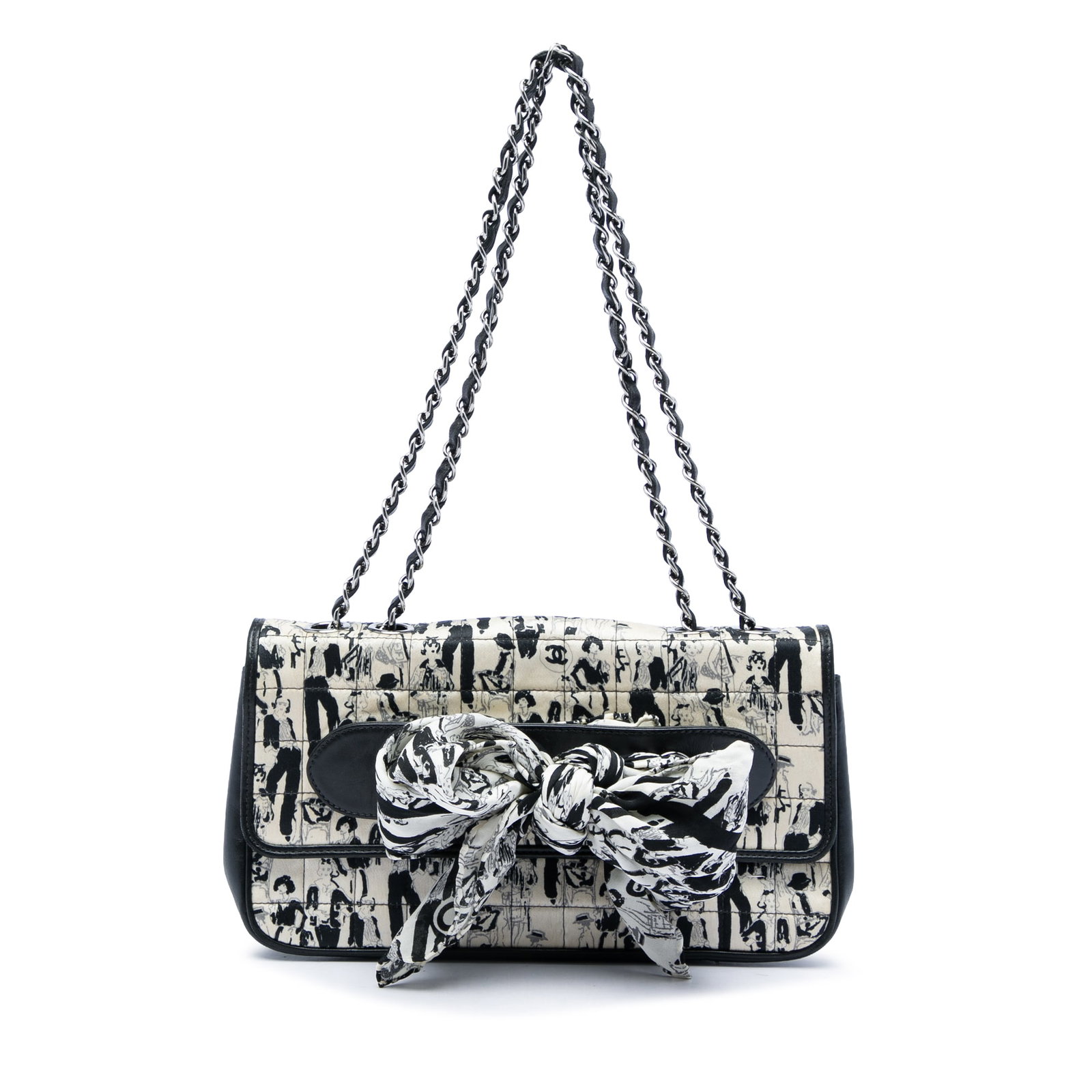 Chanel Coco Mademoiselle Scarf Flap Bag Silk Lambskin: Chanel Coco Mademoiselle Scarf Flap Bag Silk Lambskin Chanel Coco Mademoiselle Scarf Flap bag featuring a printed silk body with lambskin leather trim, leather-woven chain straps, and a front flap wit