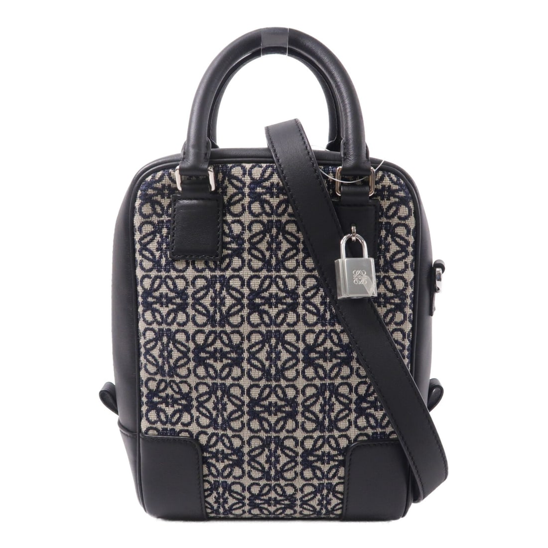 LOEWE Amazona 15 Navy Calfskin Canvas 2 Way Shoulder Bag: LOEWE Amazona 15 Navy Calfskin Canvas 2 Way Shoulder Bag LOEWE Amazona 15 2-way shoulder bag in navy calfskin (cowhide) and Anagram canvas. This women's bag features a structured design with top handl
