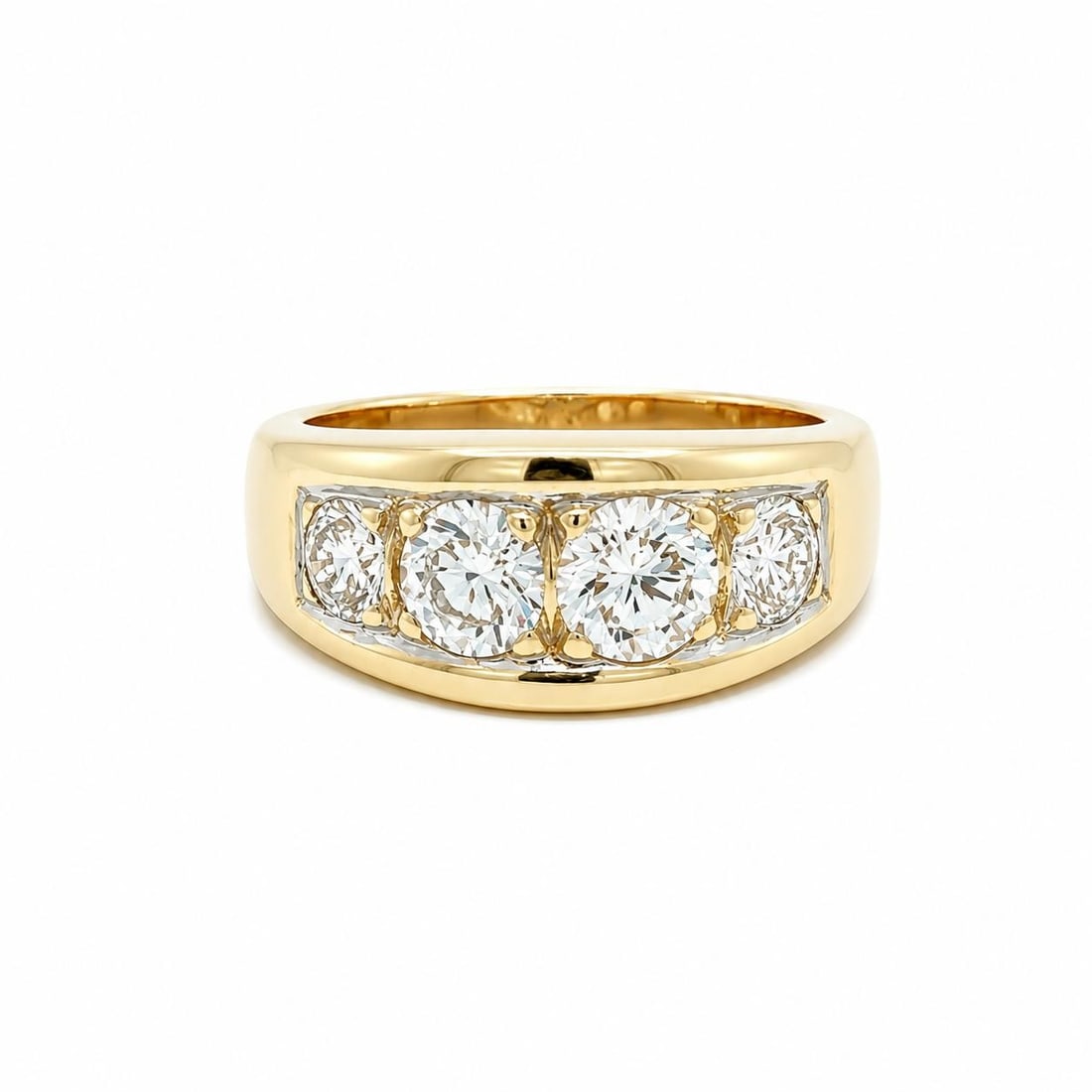 Unbranded 14k Yellow Gold Band Ring with 4 Old Cut Diamonds 1.40ctw: Unbranded 14k Yellow Gold Band Ring with 4 Old Cut Diamonds 1.40ctw Vintage unbranded band ring crafted in solid 14k yellow gold and set with four natural genuine old-cut diamonds in a pave setting. T