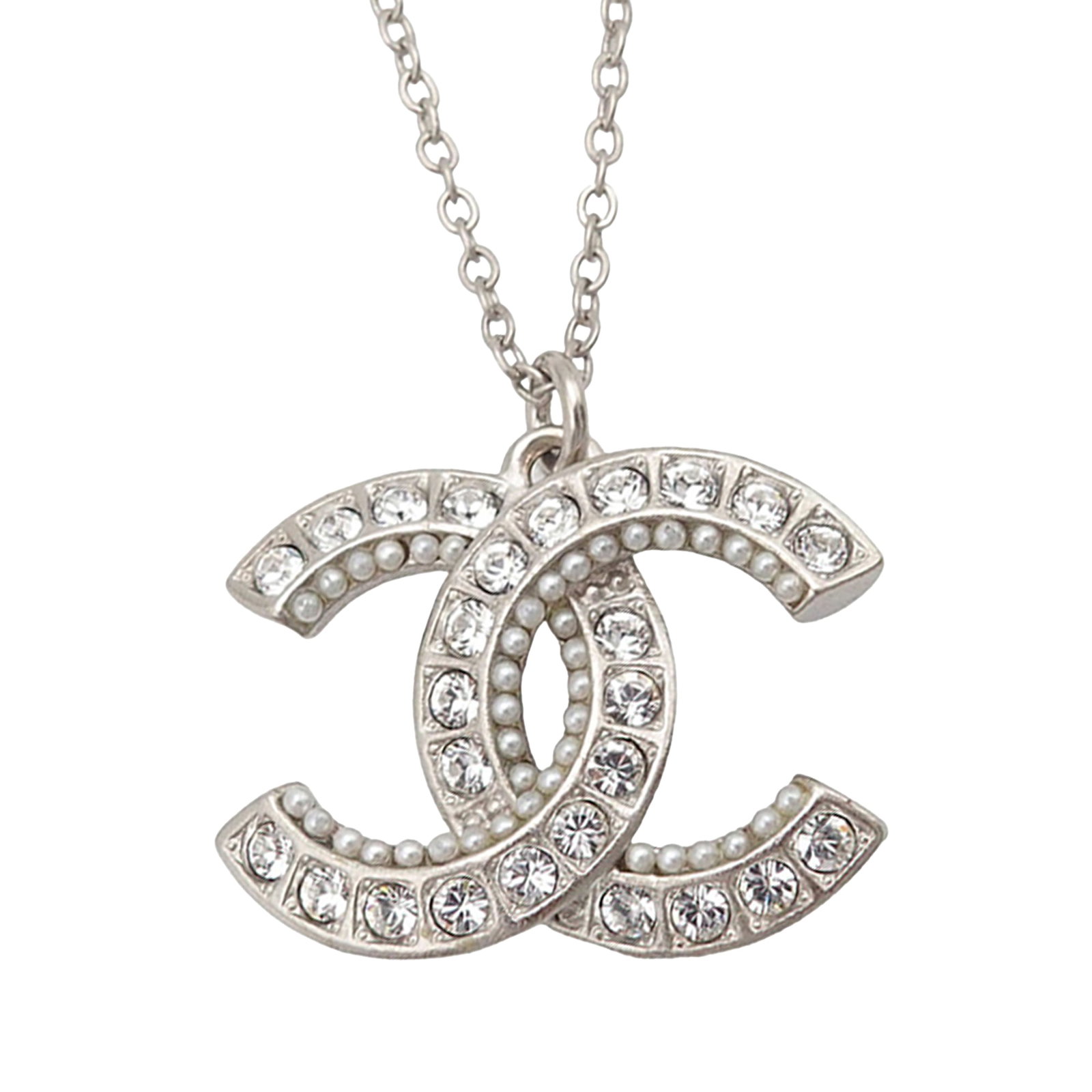 Chanel Silver Plated CC Pendant Necklace with Strass Faux Pearl: Chanel Silver Plated CC Pendant Necklace with Strass Faux Pearl This Chanel necklace features a silver-plated chain and pendant adorned with strass and faux pearl embellishments. It is secured with a 