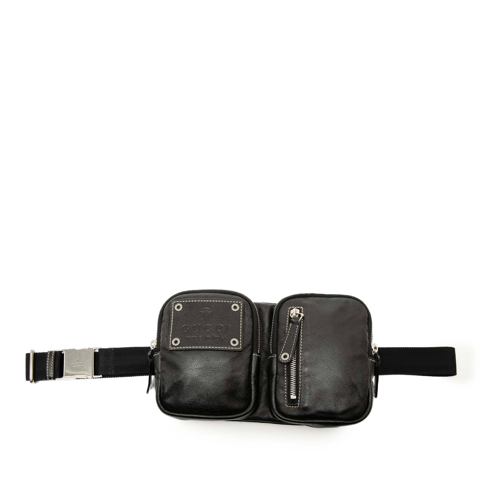 Gucci Hysteria leather belt bag in black: Gucci Hysteria leather belt bag in black Gucci Hysteria belt bag crafted in black leather with an adjustable flat waist strap, top zip closures, and zip pockets at the front and back. Made in Italy. C