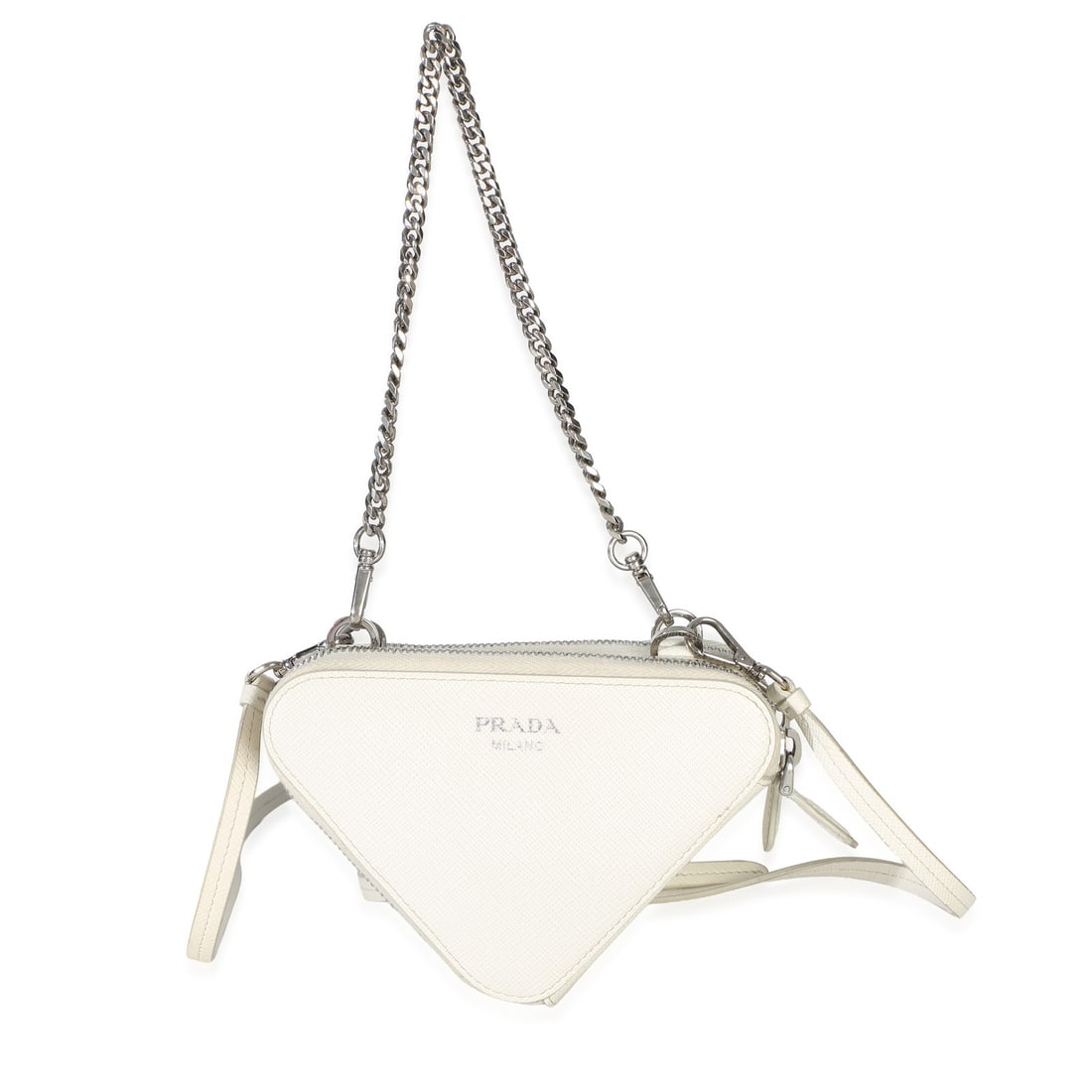 Prada Mini Triangle Crossbody Pouch White Leather Bag: Prada Mini Triangle Crossbody Pouch White Leather Bag Pre-owned Prada Mini Triangle Crossbody Pouch in white saffiano leather. This compact unisex bag features a zip-around closure, beige fabric linin