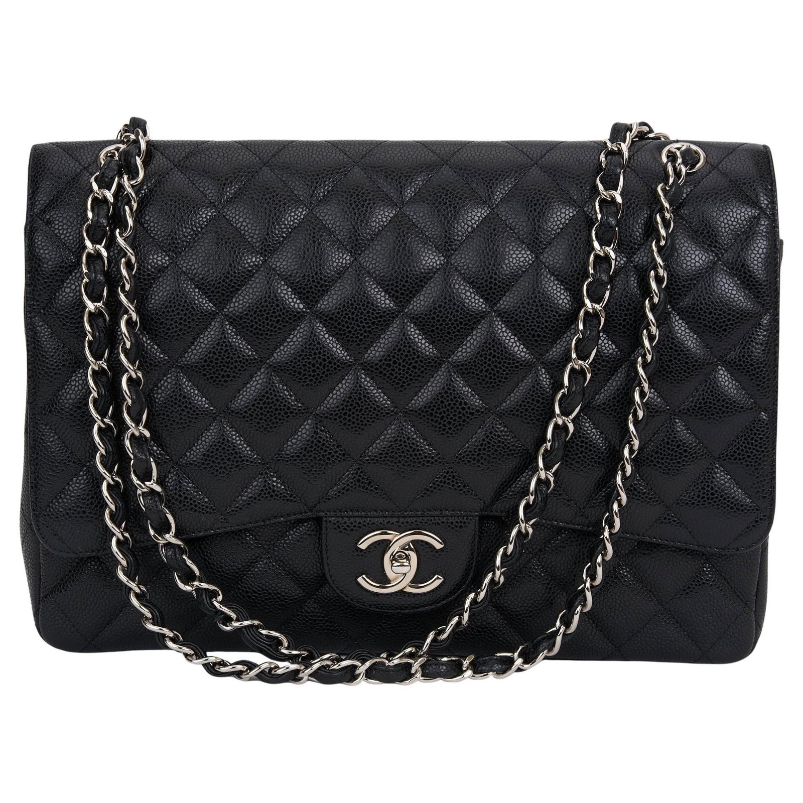 Chanel Maxi Single Flap Bag Caviar Leather Silver Hardware Burgundy Interior: Chanel Maxi Single Flap Bag Caviar Leather Silver Hardware Burgundy Interior This classic Chanel Single Flap Maxi Bag, crafted from luxurious Caviar quilted leather, showcases elegant silver hardware 