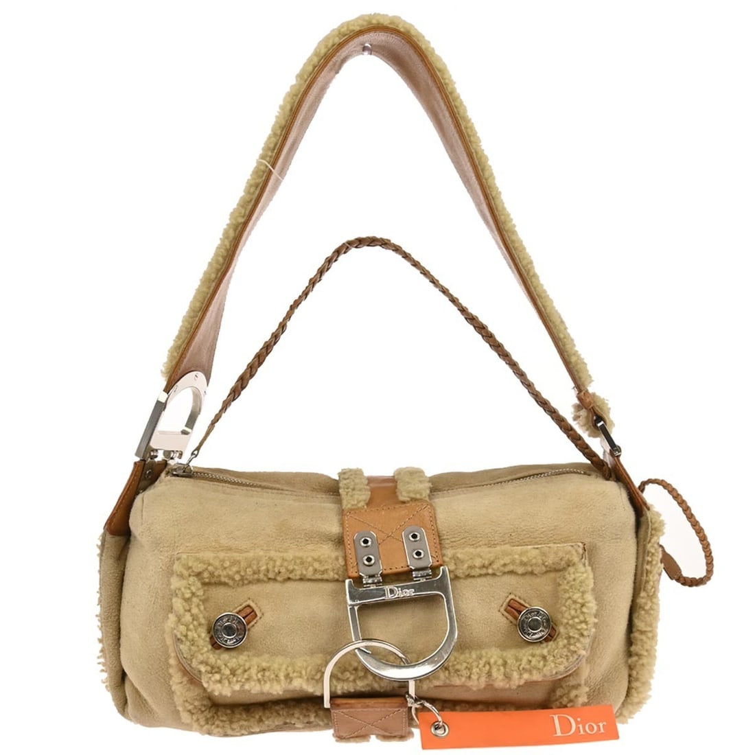 Dior Mouton Flight Medium Beige Leather Top Handle Handbag Italy: Dior Mouton Flight Medium Beige Leather Top Handle Handbag Italy Christian Dior beige mouton and leather handbag with a top handle design and medium profile. Made in Italy, this women's handbag featur
