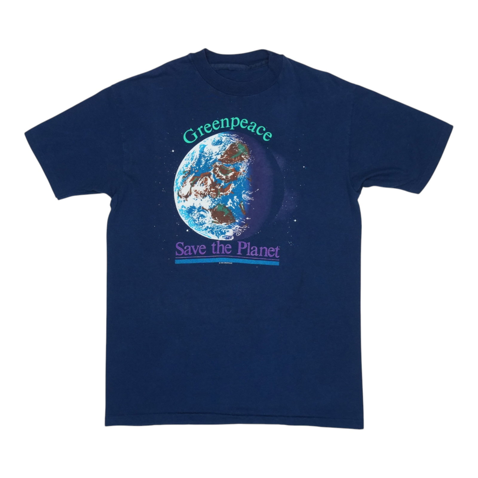 Blue 1988 Greenpeace Save The Planet cotton vintage T-shirt: Blue 1988 Greenpeace Save The Planet cotton vintage T-shirt Authentic original vintage 1988 Greenpeace Save The Planet shirt in blue. This is a true vintage piece, not a modern reproduction. It has no