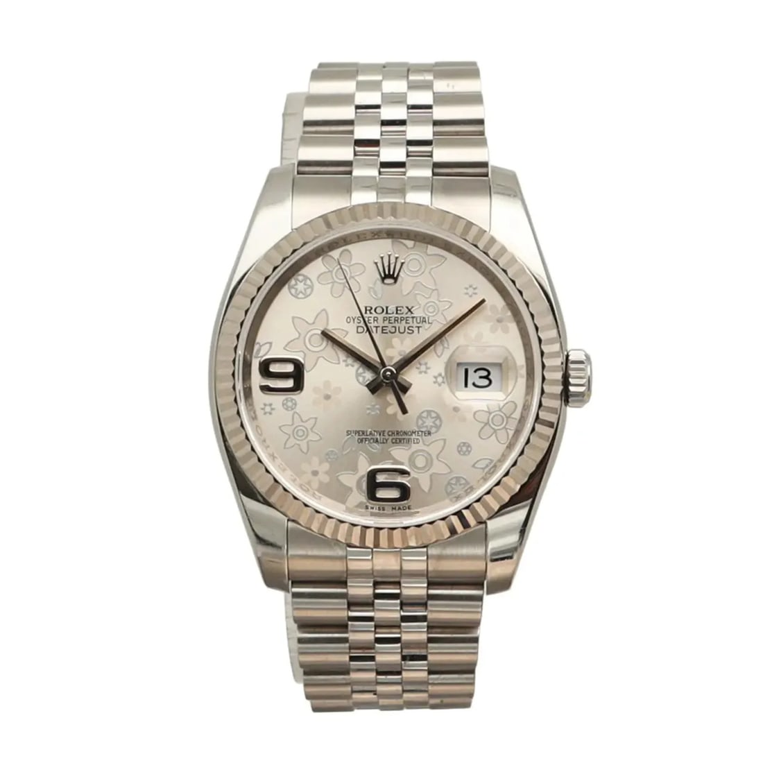 Rolex 116234 Datejust automatic 36mm steel watch floral silver dial: Rolex 116234 Datejust automatic 36mm steel watch floral silver dial Pre-owned Rolex Datejust 116234 wristwatch with a silver floral dial, Roman numeral hour markers, and automatic movement. This unise