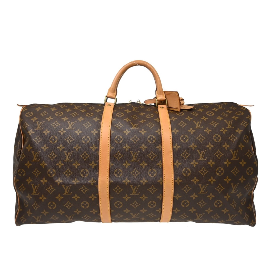 Louis Vuitton Keepall 60 Monogram Canvas Duffle Bag M41422: Louis Vuitton Keepall 60 Monogram Canvas Duffle Bag M41422 Vintage Louis Vuitton Keepall 60 travel handbag in brown Monogram canvas with leather trim and double handles. This extra large duffle-style 