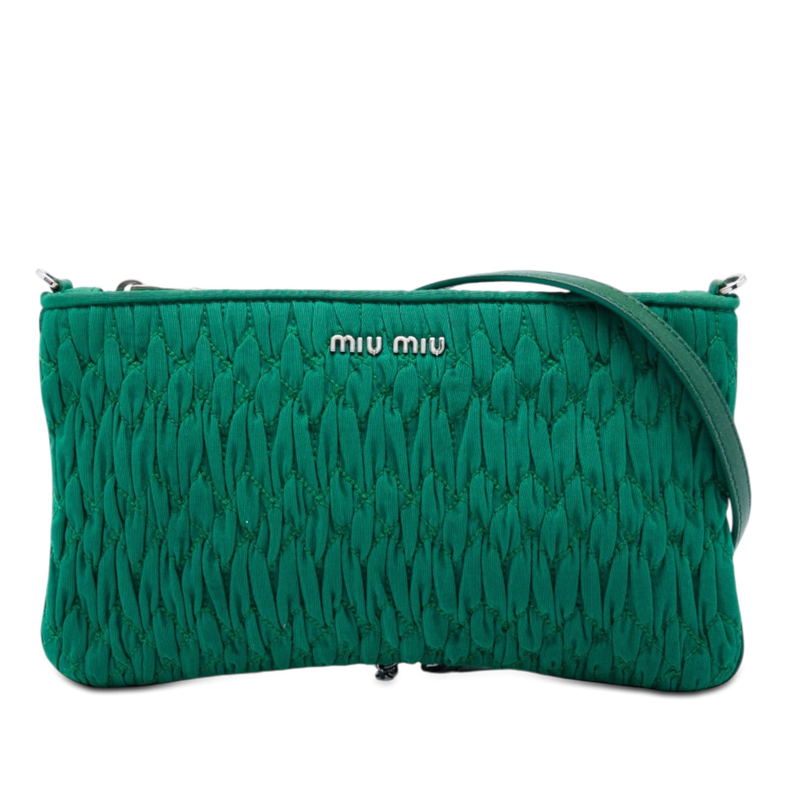Miu Miu Matelasse nylon crossbody bag with crystal chain: Miu Miu Matelasse nylon crossbody bag with crystal chain Miu Miu Matelasse nylon crossbody bag with a quilted body, detachable chain shoulder strap with crystal embellishment, top zip closure, and an 