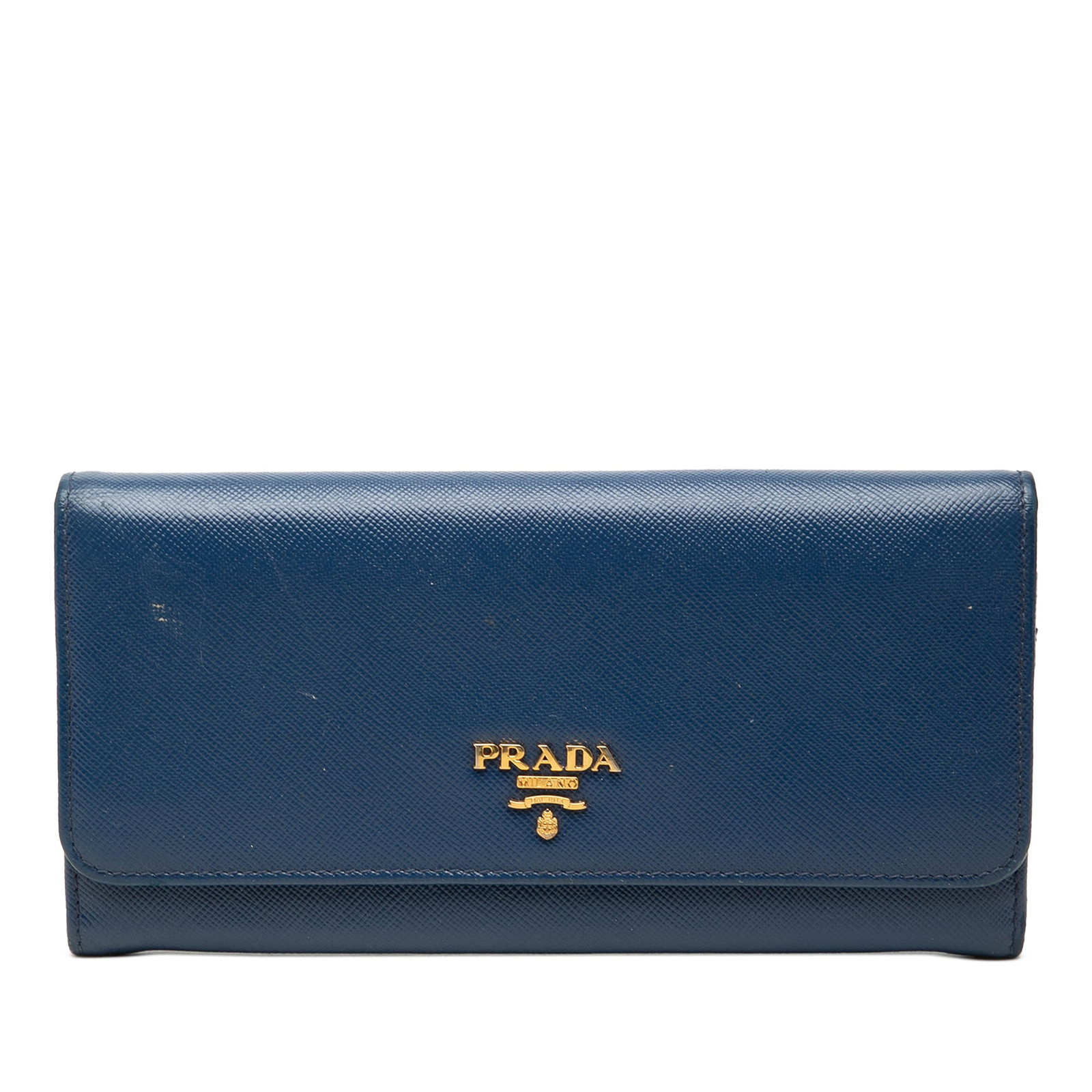 Prada Saffiano Lux flap wallet in blue leather: Prada Saffiano Lux flap wallet in blue leather Prada Saffiano Lux Continental Wallet in blue saffiano leather with a front flap and snap button closure, an exterior back zip pocket, and interior zip a
