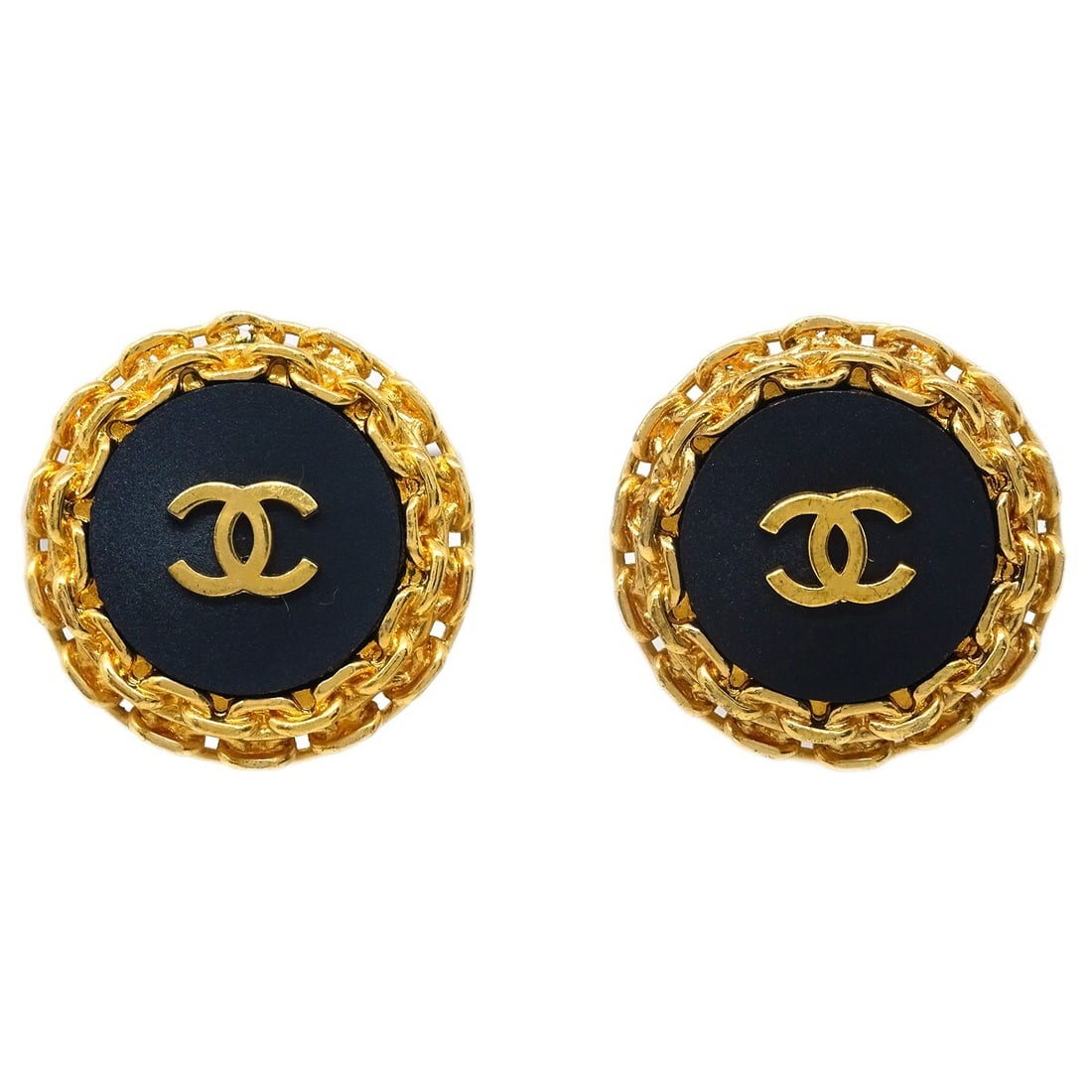 Chanel Button Clip-On Earrings Round Black Gold Plated: Chanel Button Clip-On Earrings Round Black Gold Plated Round Chanel button clip-on earrings in black and gold-tone. Made in France, this pair features a classic button style with a black center and