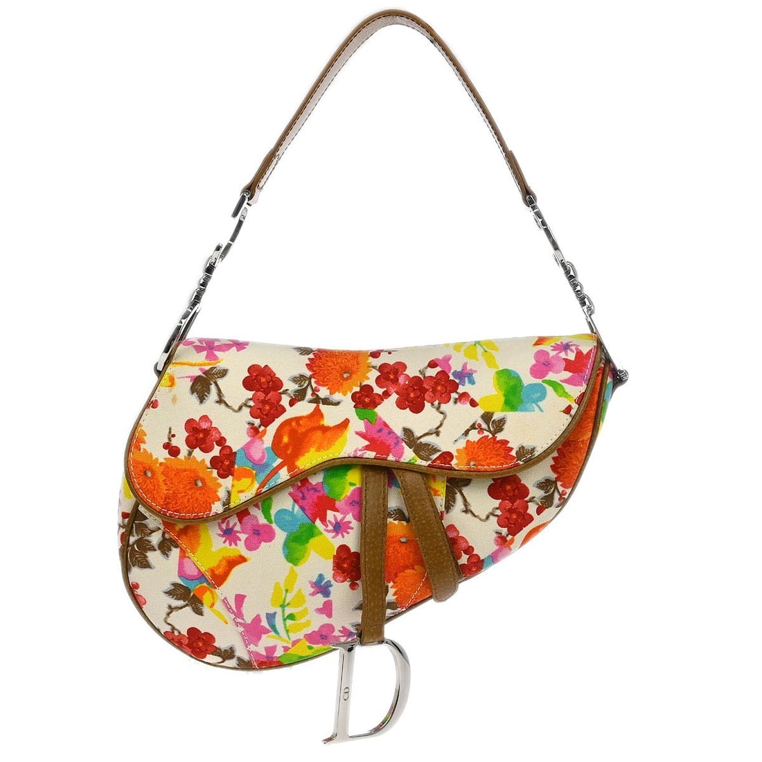 Dior Saddle Shoulder Bag White Canvas Leather Floral 06-RU-1015: Dior Saddle Shoulder Bag White Canvas Leather Floral 06-RU-1015 Christian Dior Saddle handbag in a multicolor floral design with white and brown tones. This women's shoulder bag features a Velcro