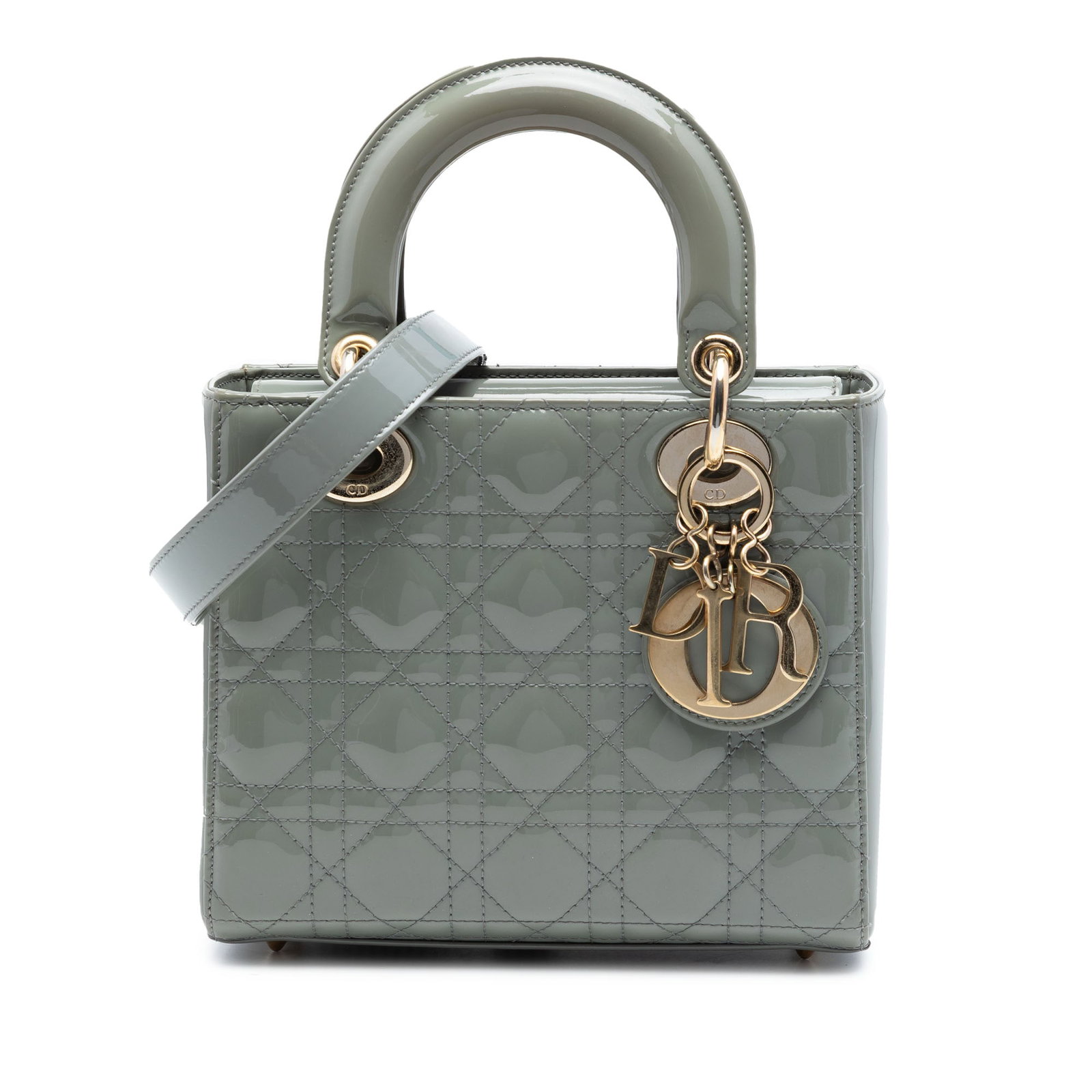 Dior Lady Dior Small Gray Patent Leather Cannage Handbag: Dior Lady Dior Small Gray Patent Leather Cannage Handbag Small Lady Dior handbag in gray patent leather with Cannage quilting. It features flat top handles, a detachable flat strap, a fold-in flap clo