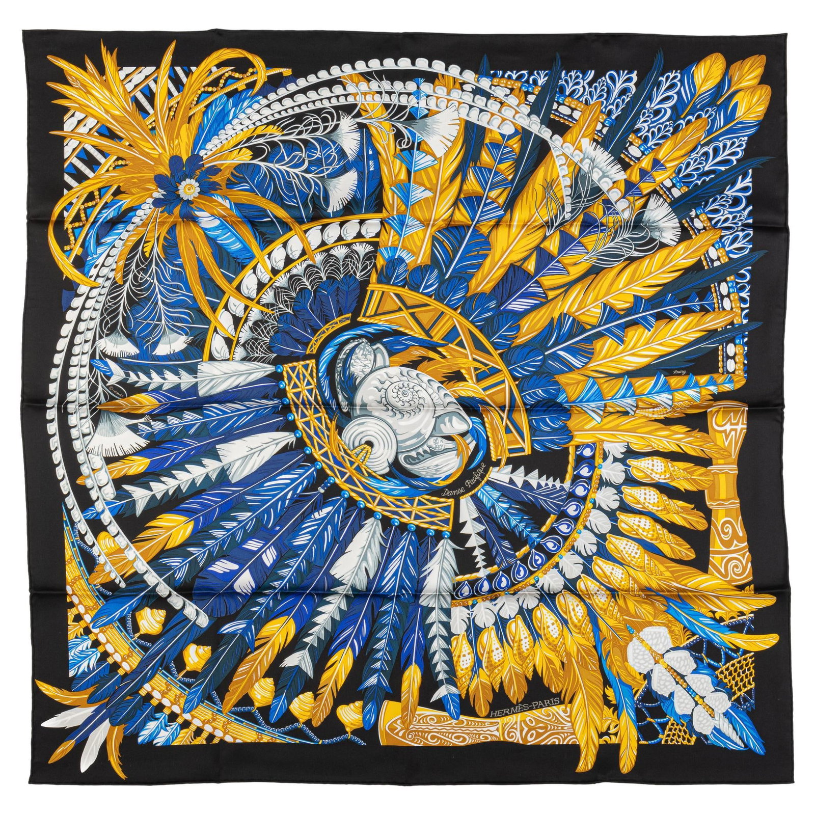 Hermes Black Danse Pacifique 35in Silk Scarf with Box: Hermes Black Danse Pacifique 35in Silk Scarf with Box Elevate your accessory collection with this exquisite Hermes Black Danse Pacifique Silk Scarf. Crafted from luxurious silk, this scarf features a 