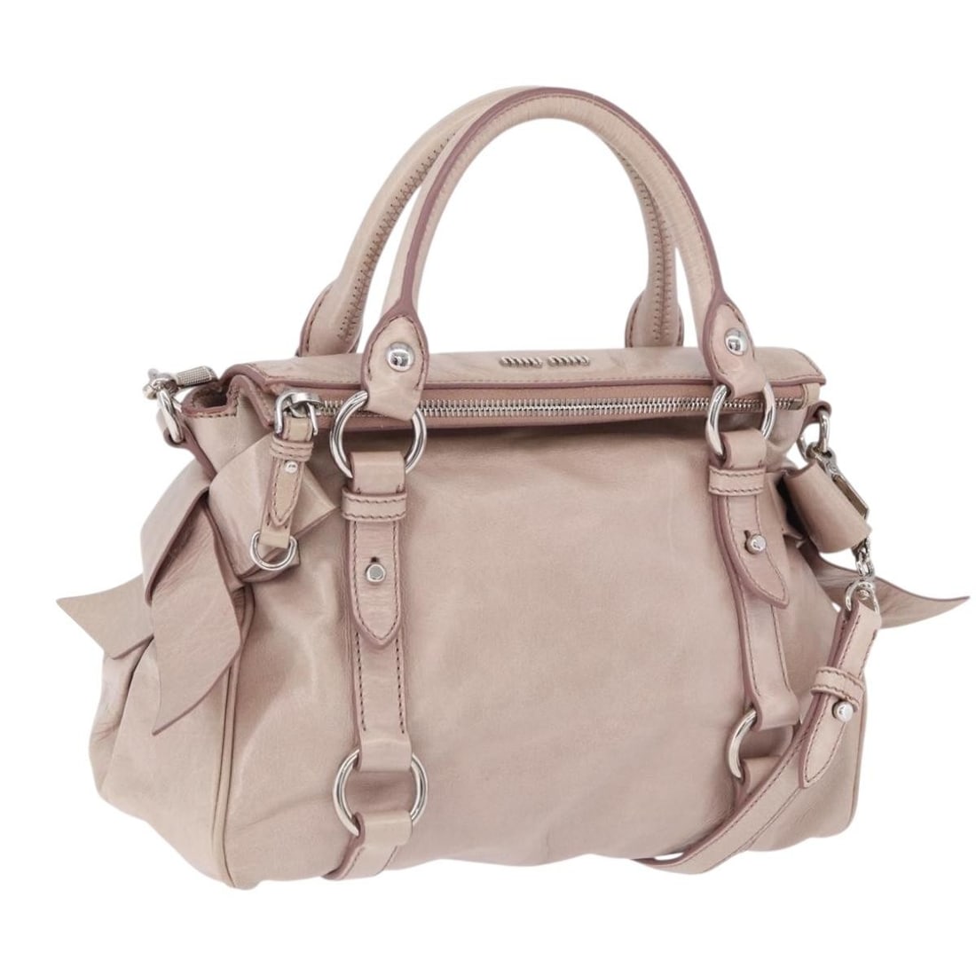 Miu Miu pink silver leather 2way handbag with side ribbons: Miu Miu pink silver leather 2way handbag with side ribbons Authentic Miu Miu 2-way handbag in pink and silver leather with side ribbon detailing. This women's handbag includes a top handle and a detac