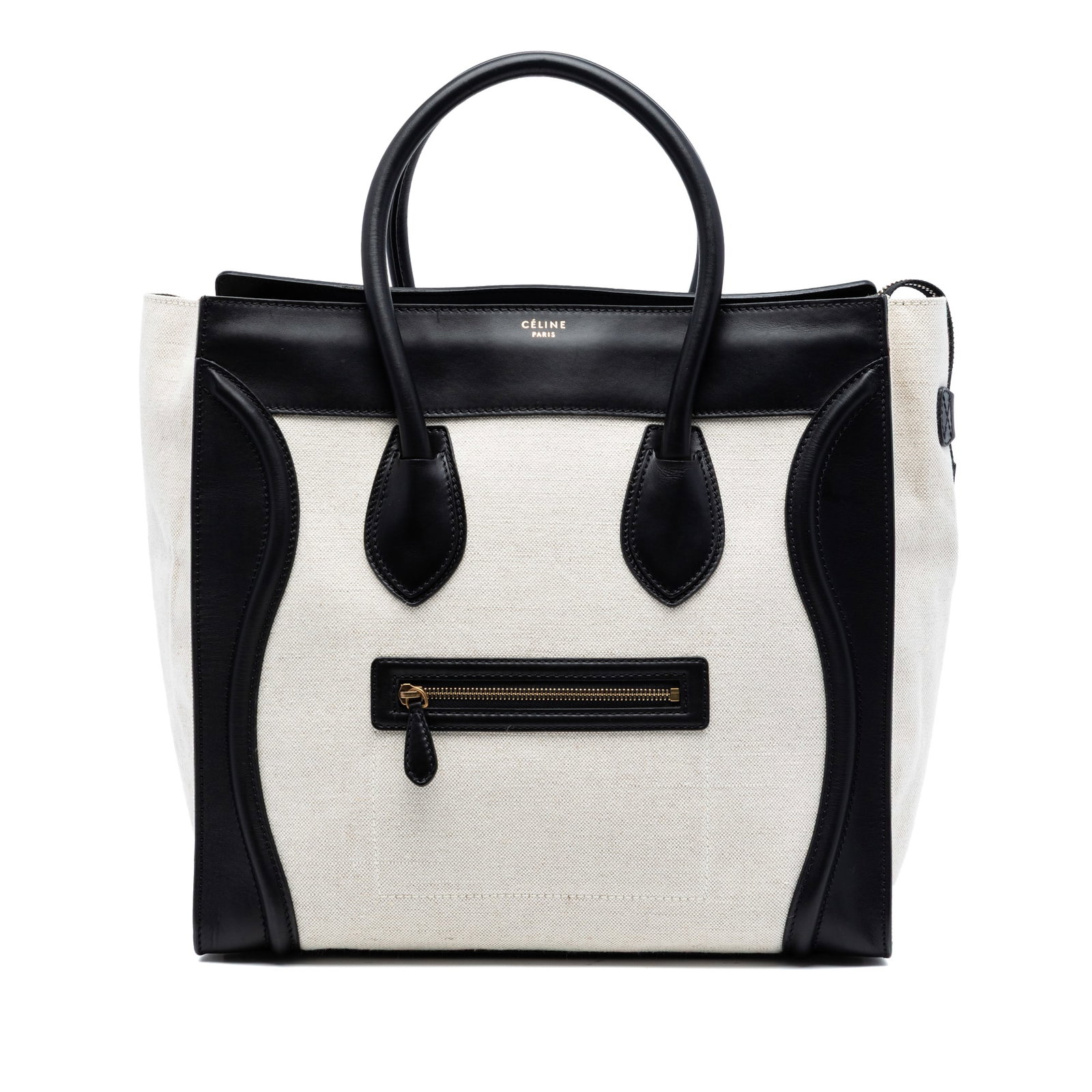 Celine Mini Bicolor Luggage Tote Canvas Leather: Celine Mini Bicolor Luggage Tote Canvas Leather This Celine Mini Bicolor Luggage Tote features a canvas body with leather trim, rolled leather top handles, and a detachable flat leather shoulder strap