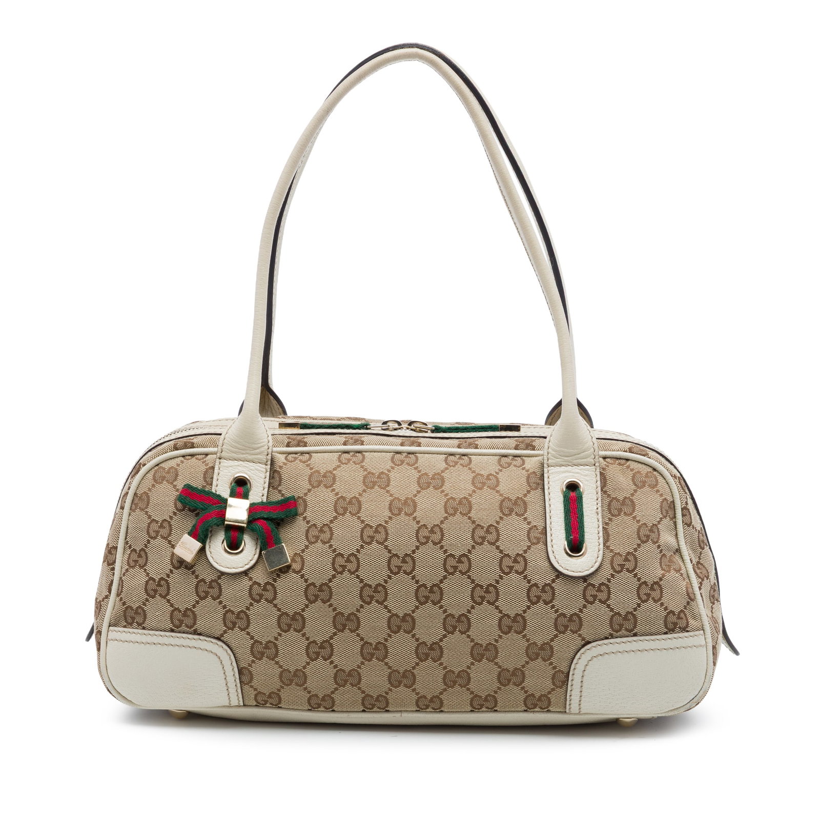 Gucci Princy GG Canvas Shoulder Bag with Leather Trim: Gucci Princy GG Canvas Shoulder Bag with Leather Trim Gucci GG Canvas Princy shoulder bag with a canvas body, leather trim, rolled leather straps, top zip closure, and interior zip and slip pockets. M