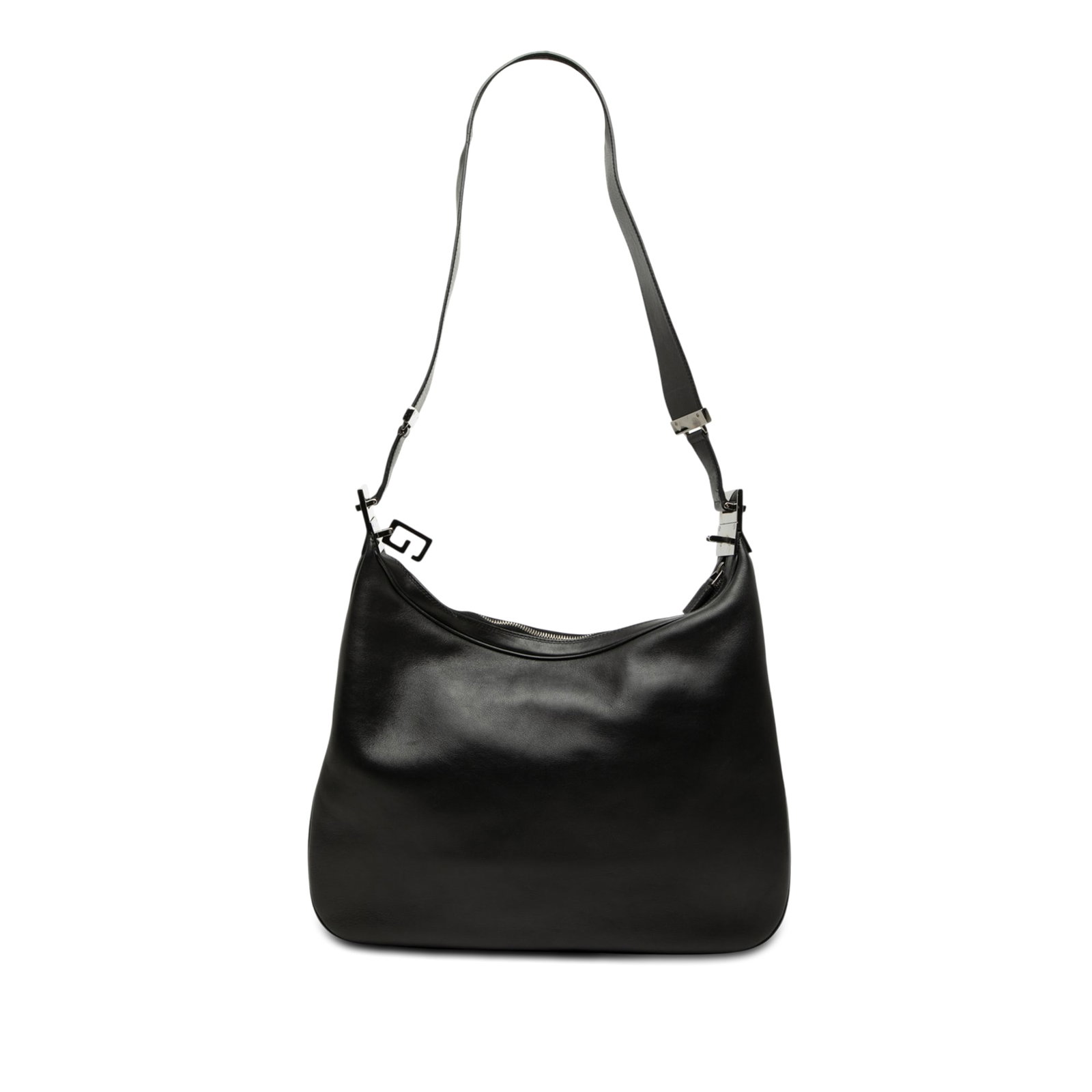 Gucci Attache black leather shoulder bag: Gucci Attache black leather shoulder bag Gucci Calfskin Attache Shoulder Bag in black leather with a flat leather strap, top zip closure, and an interior zip pocket. Made in Italy. Condition B+ with v