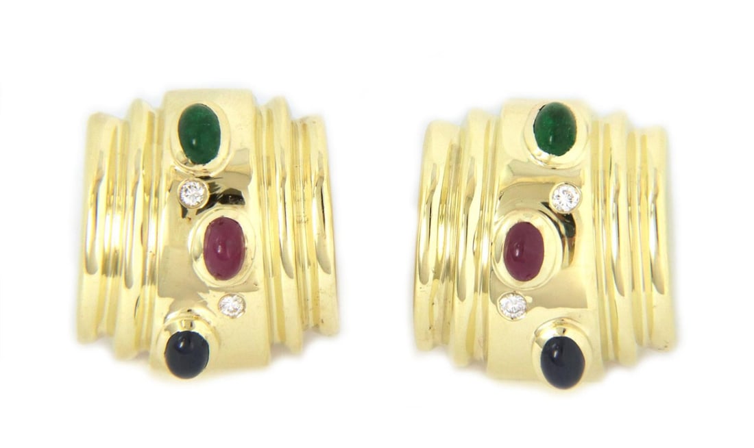 14k Yellow Gold Huggie Earrings with Emerald Ruby Sapphire and Diamonds (1 of 6)