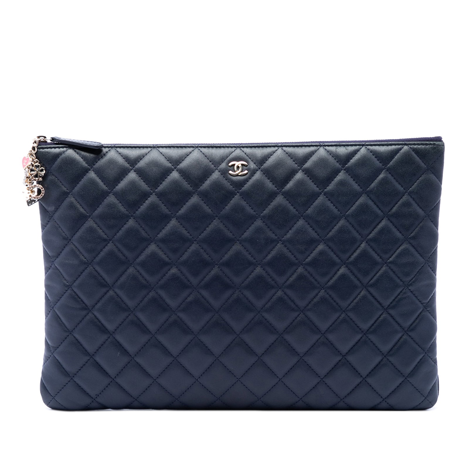 Chanel Casino Charms O Case Clutch Large Blue Quilted Lambskin: Chanel Casino Charms O Case Clutch Large Blue Quilted Lambskin This Chanel clutch bag features a quilted lambskin leather body, a top zip closure, and a blue finish. It is the Large Quilted Lambskin C